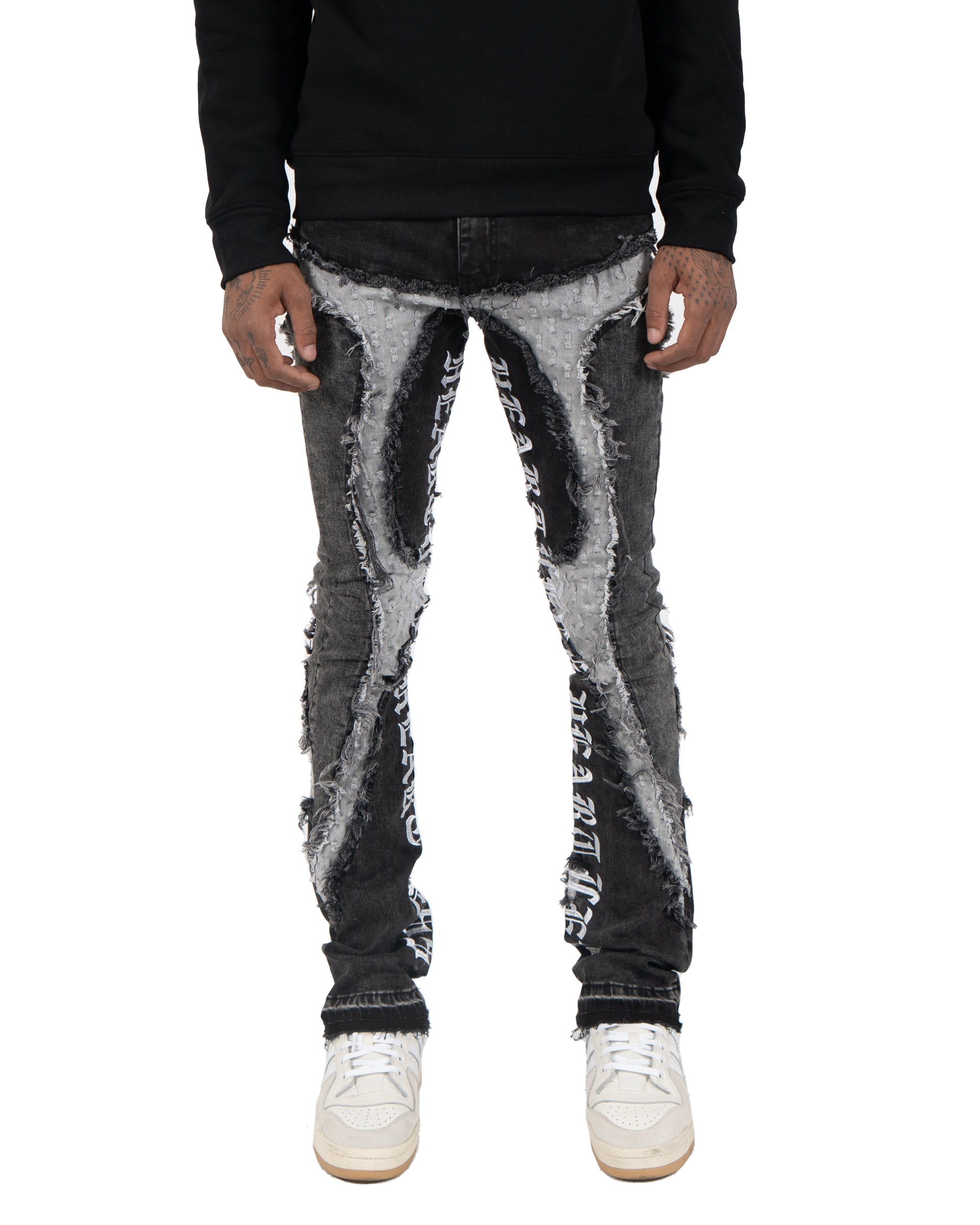 HEARTLESS | Script Tattoo Stacked Skinny Jeans in Grey Acid Wash