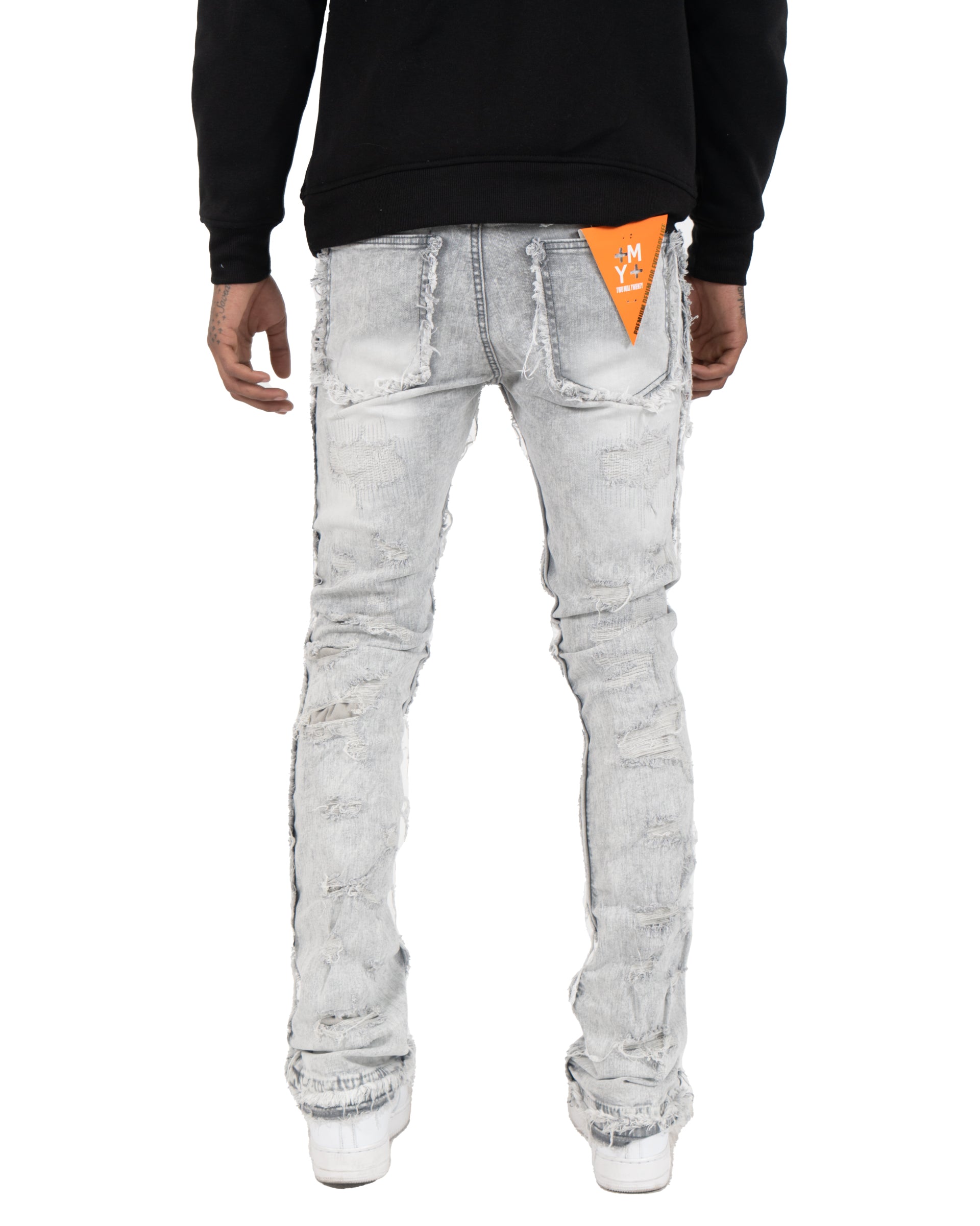 AVONDALE | Frayed Stacked Skinny Flare Leg Jeans in Gray