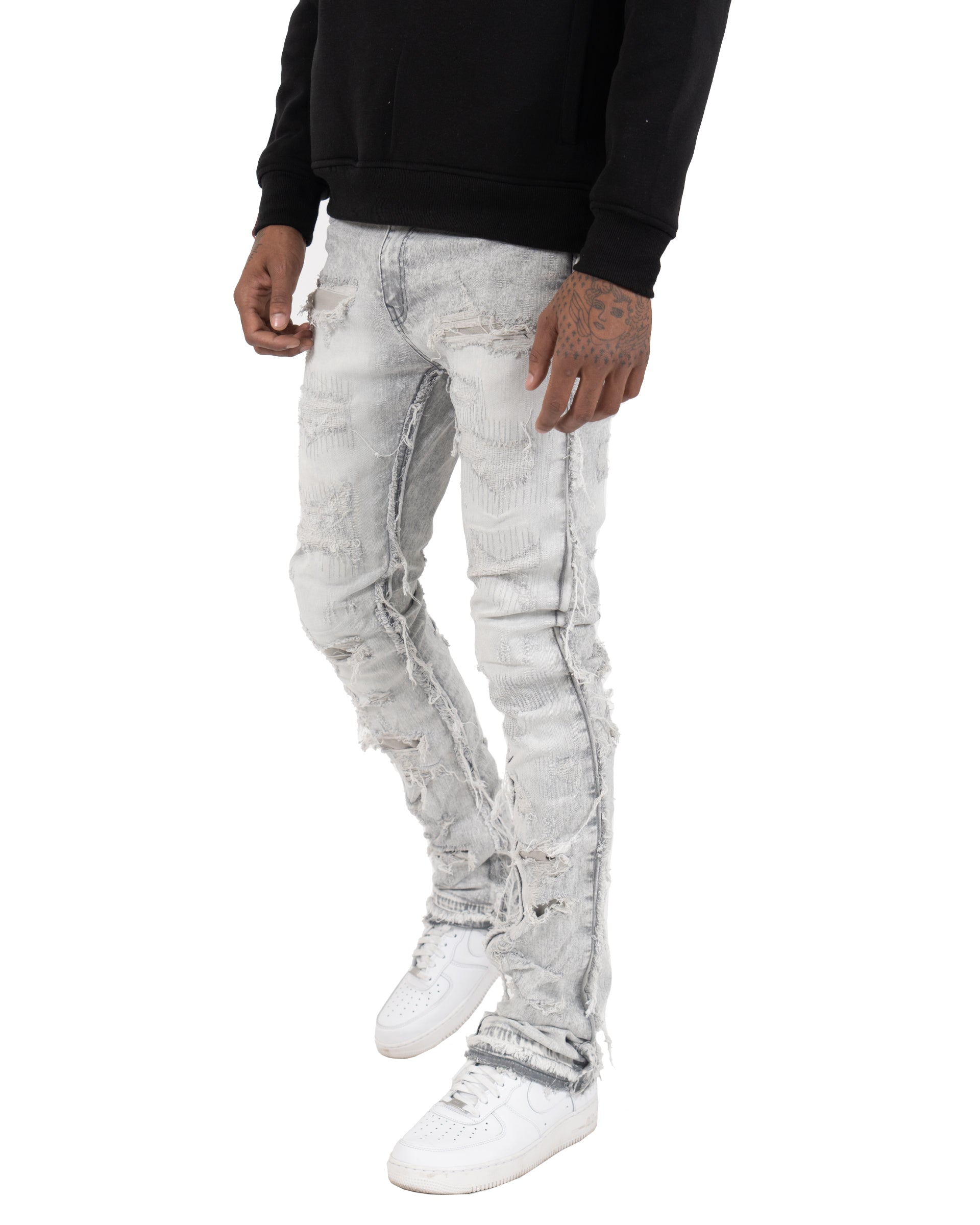AVONDALE | Frayed Stacked Skinny Flare Leg Jeans in Gray