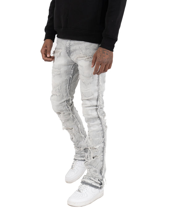 AVONDALE | Frayed Stacked Skinny Flare Leg Jeans in Gray