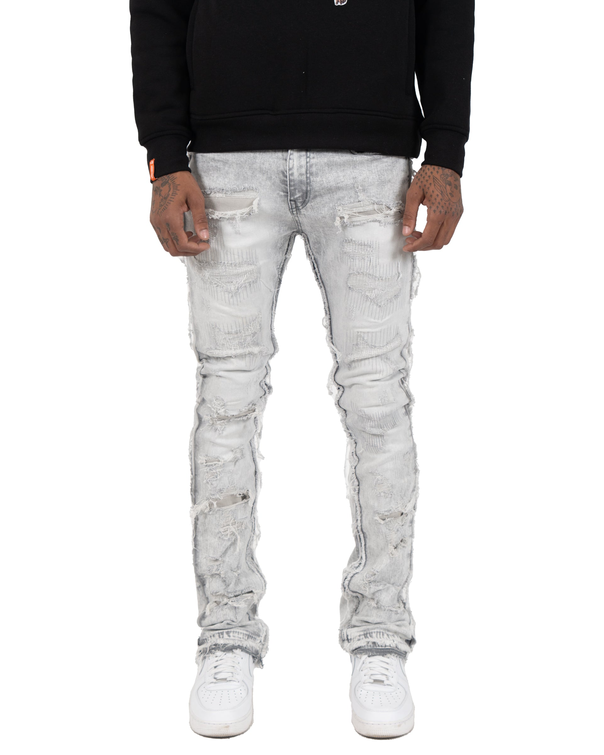 AVONDALE | Frayed Stacked Skinny Flare Leg Jeans in Gray
