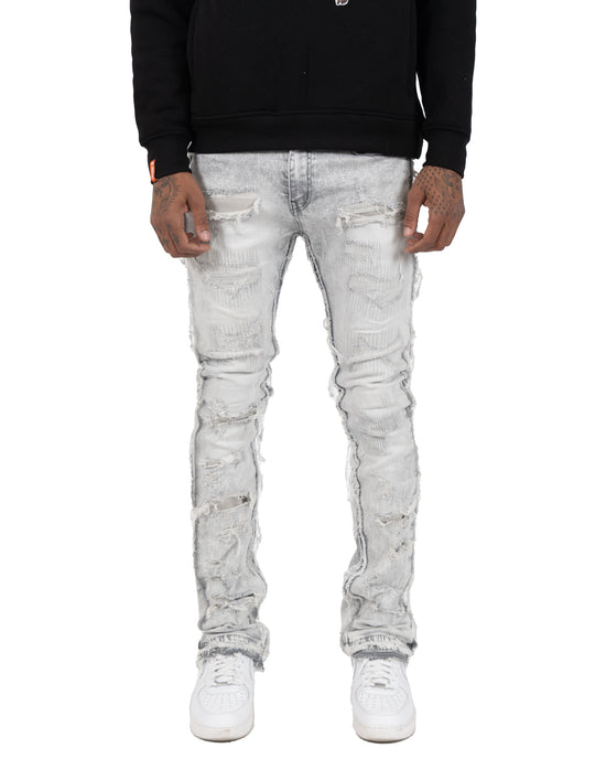 AVONDALE | Frayed Stacked Skinny Flare Leg Jeans in Gray
