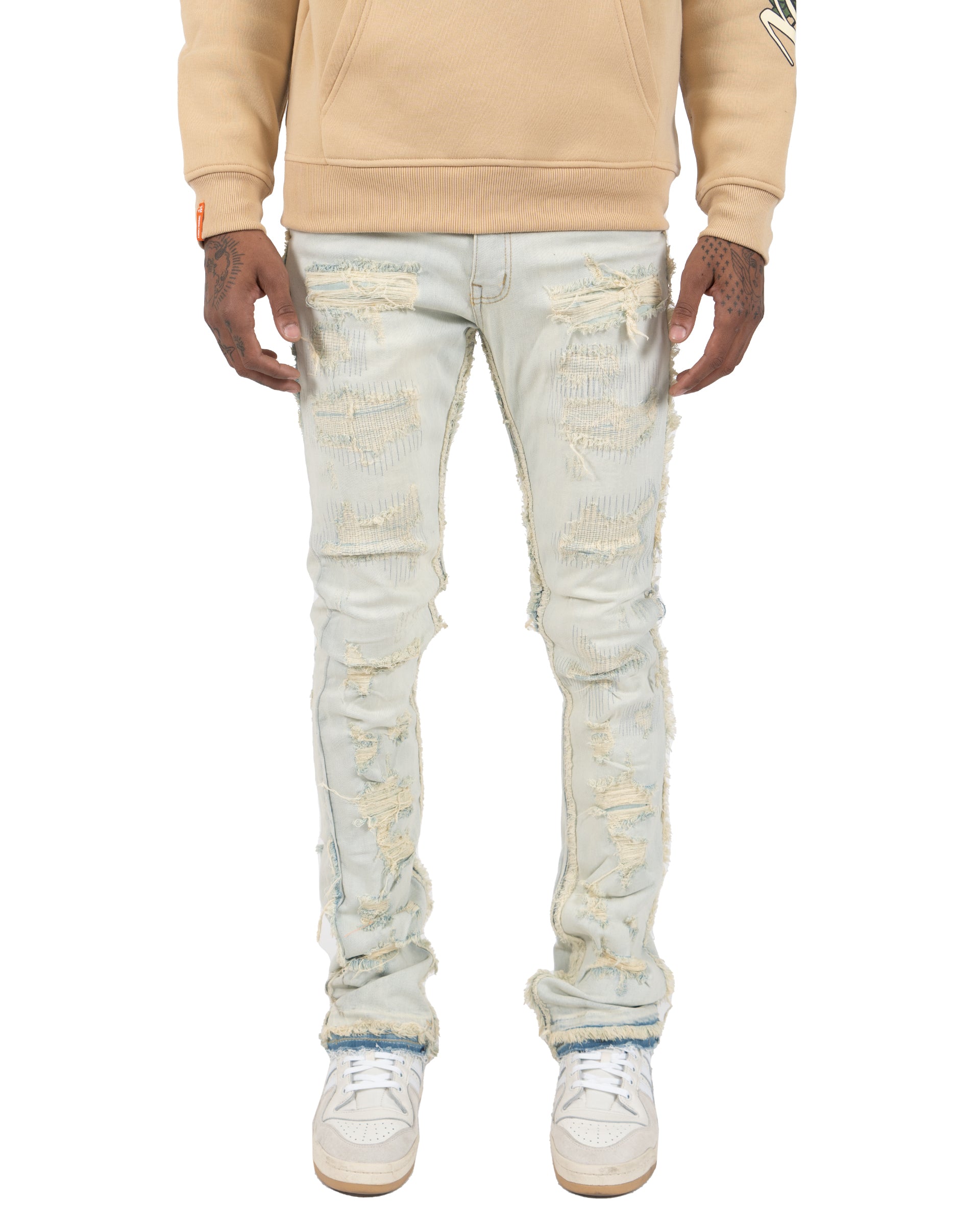 AVONDALE | Frayed Stacked Skinny Flare Leg Jeans in Light Vintage