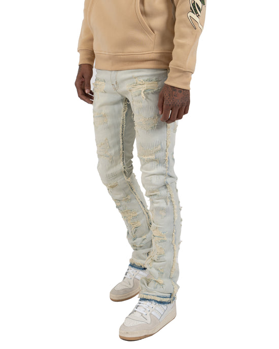 AVONDALE | Frayed Stacked Skinny Flare Leg Jeans in Light Vintage