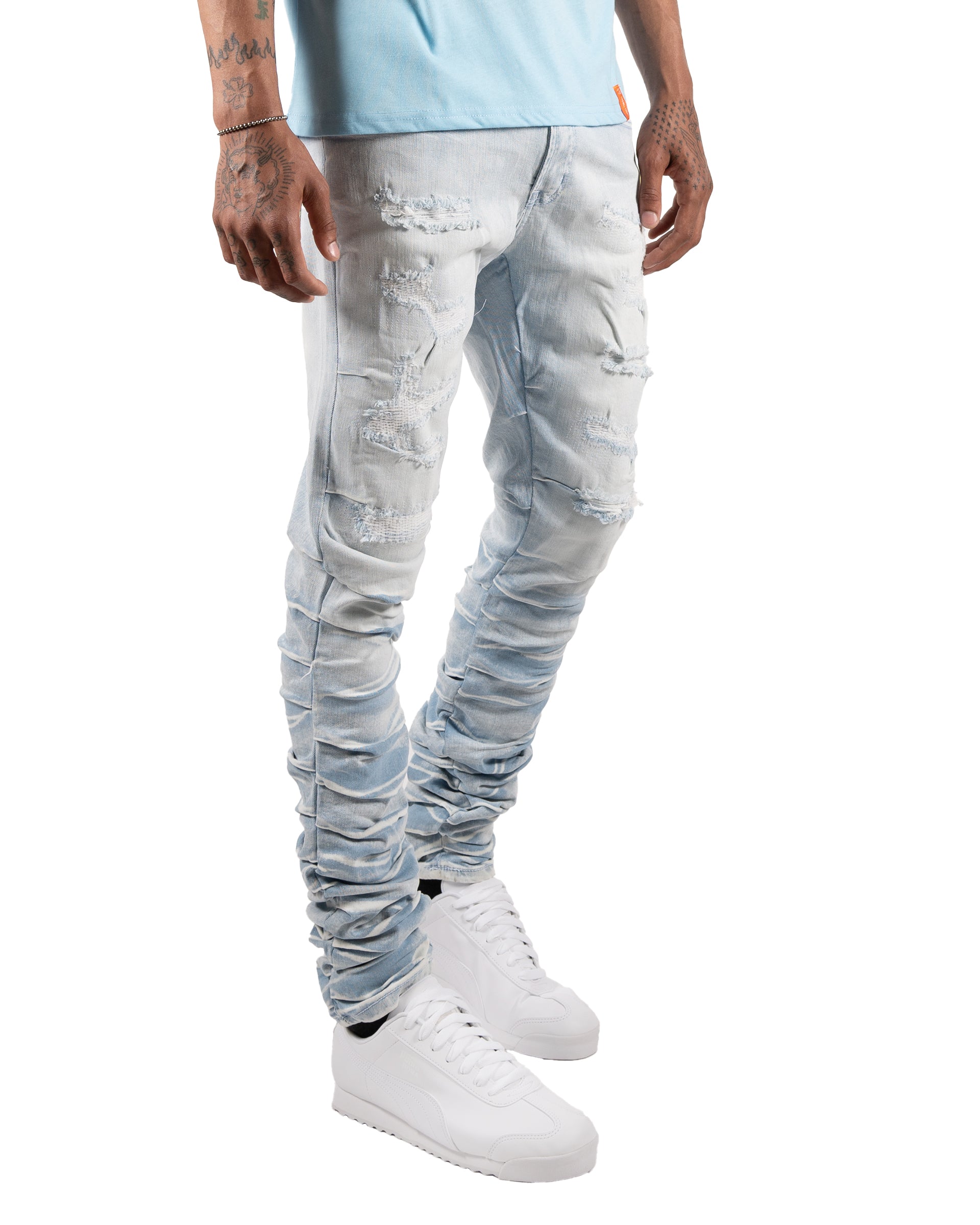 MONROE | Skinny Fit Distressed Ruched Denim Jeans in Light Blue