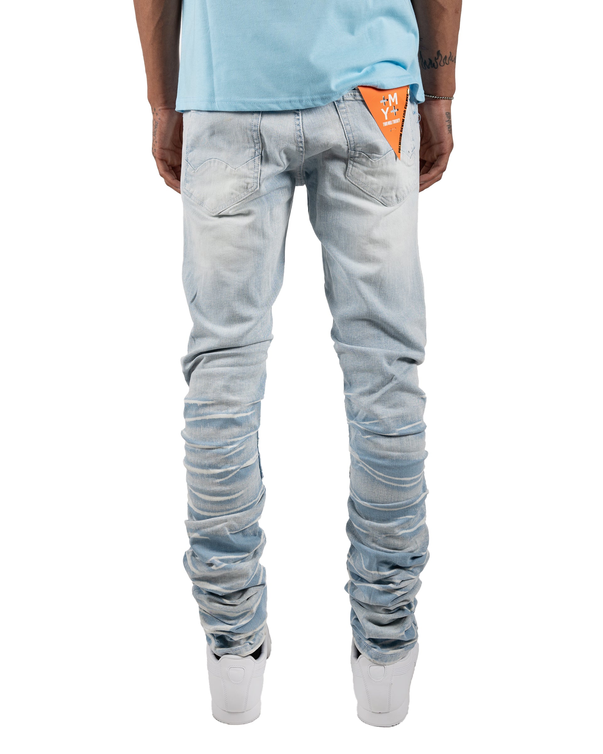 MONROE | Skinny Fit Distressed Ruched Denim Jeans in Light Blue