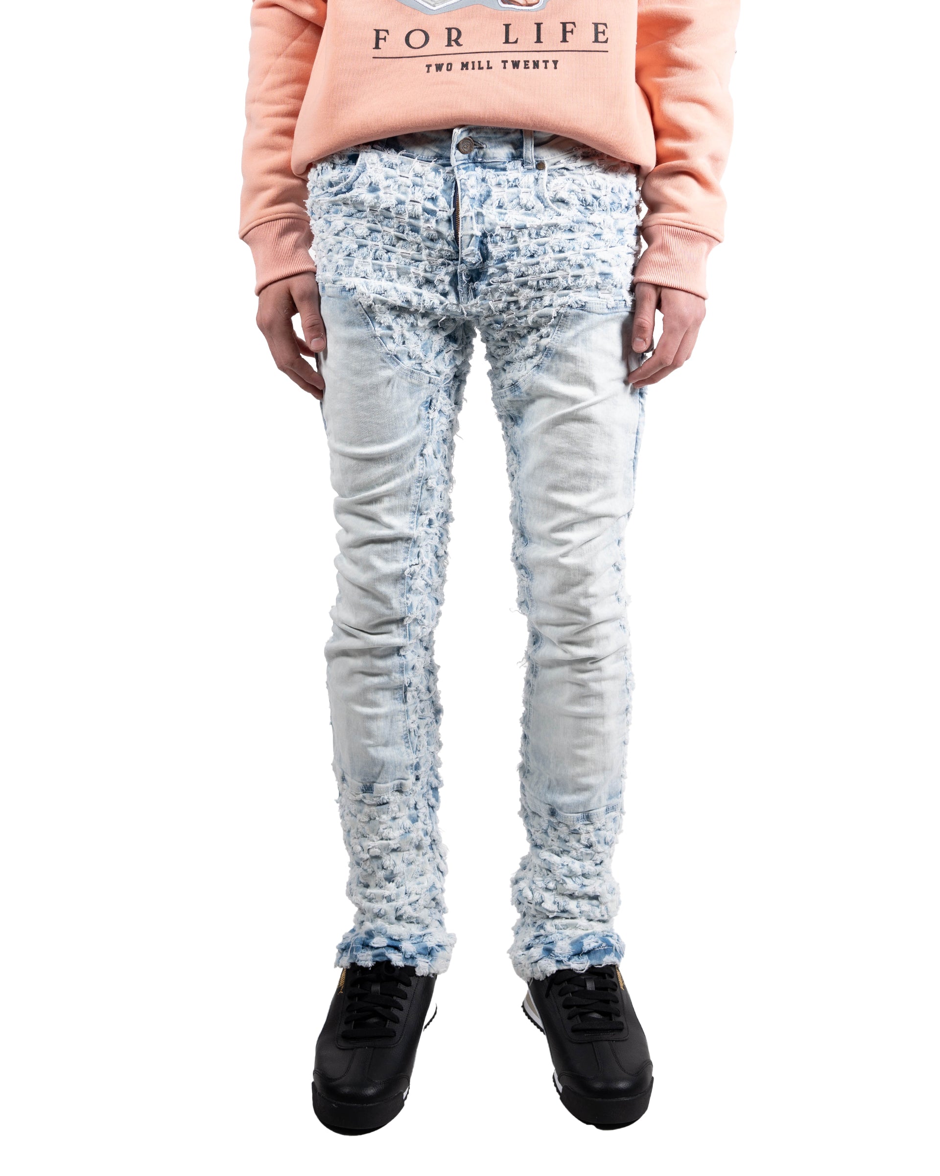 Frayed Texture Slim Boot Jeans in Ice Blue