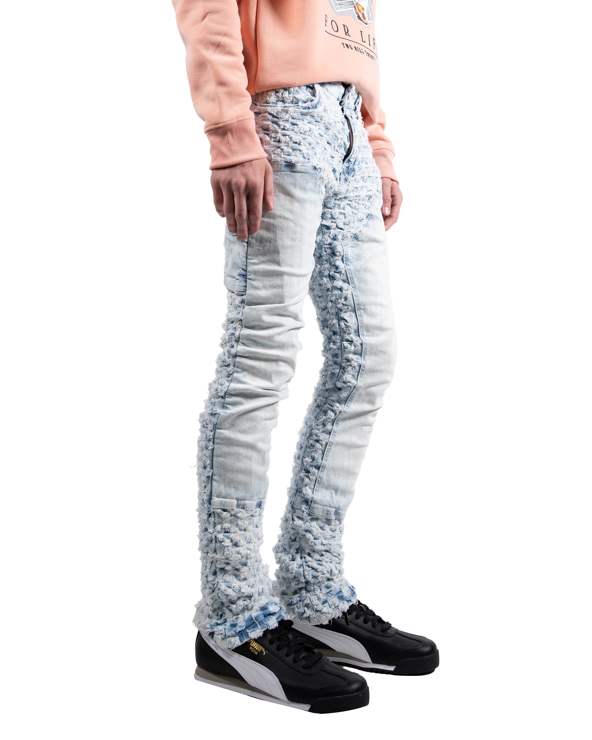 Frayed Texture Slim Boot Jeans in Ice Blue