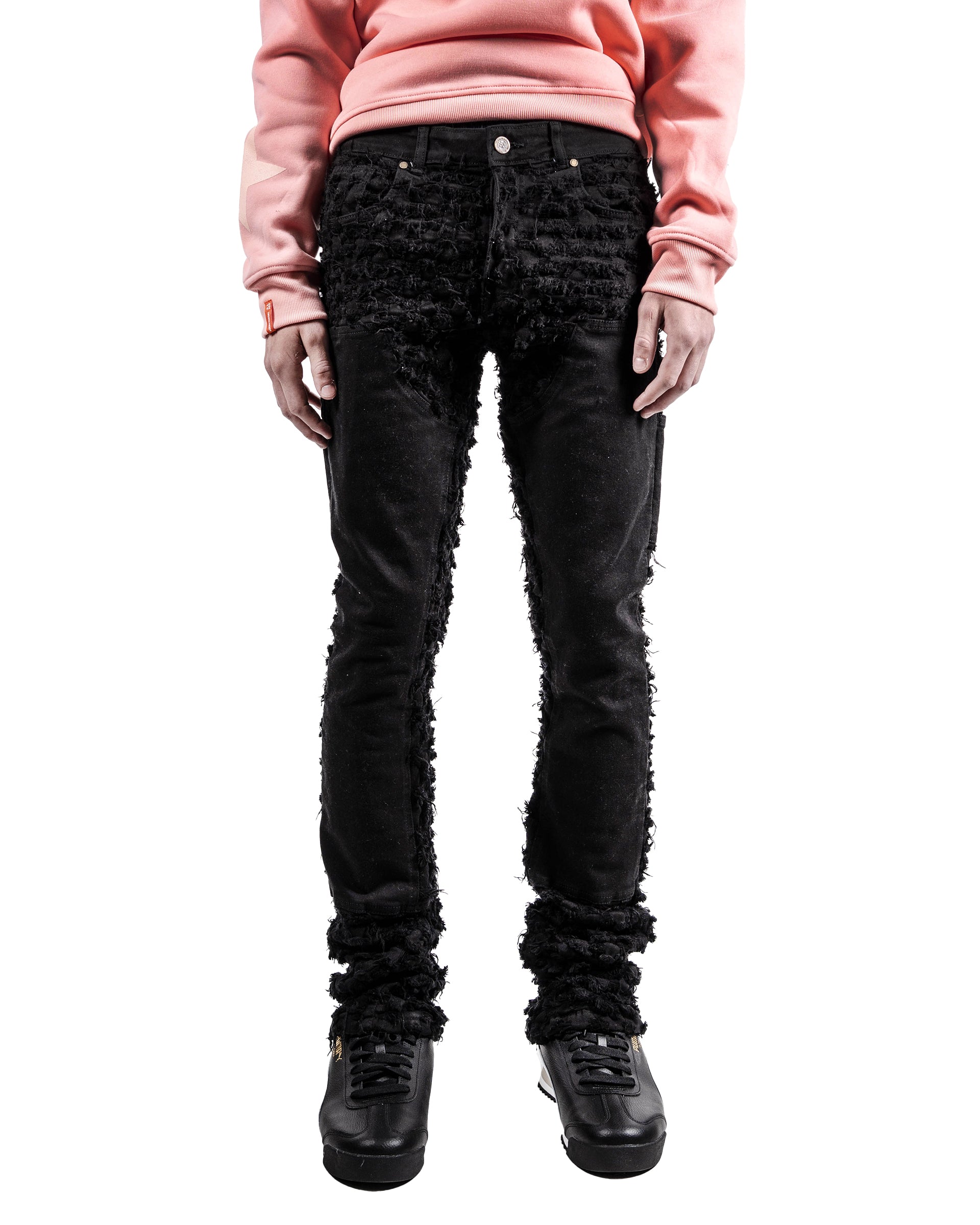 Frayed Texture Slim Boot Jeans in Black