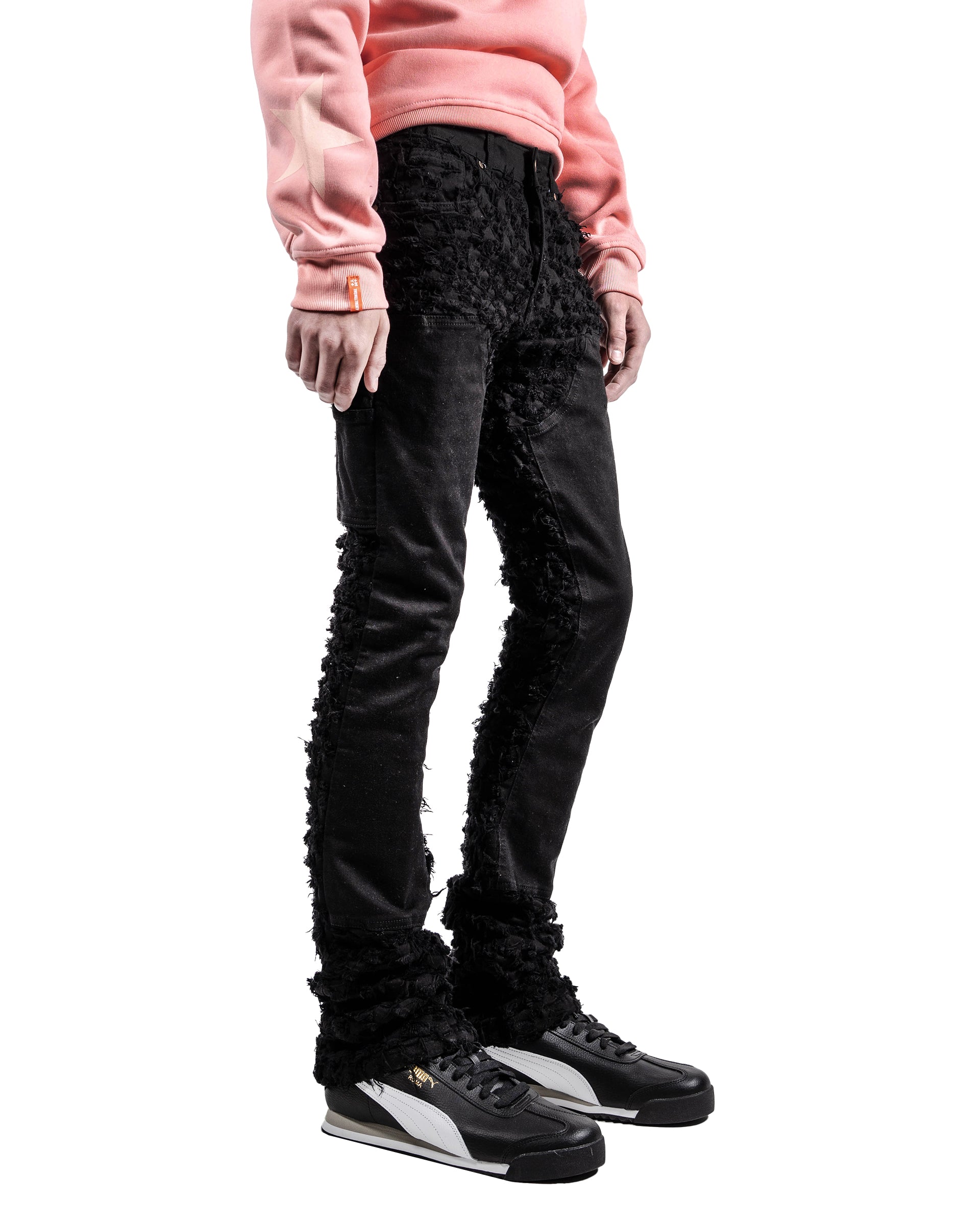 Frayed Texture Slim Boot Jeans in Black