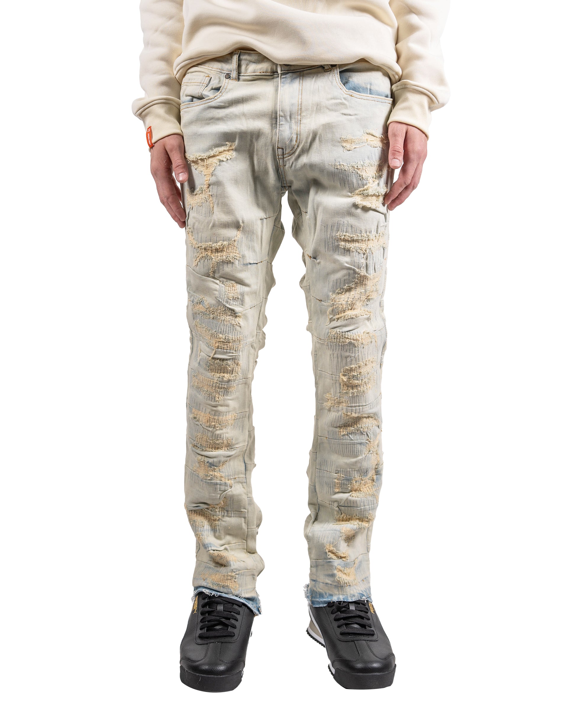 Distressed Pleat Leg Skinny Jeans in Light Blue