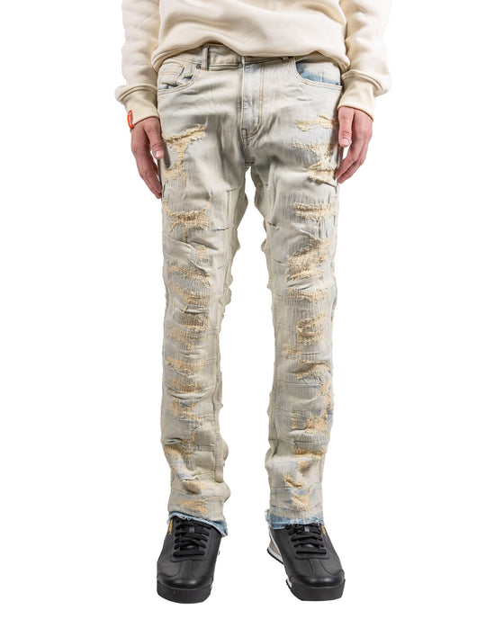 Distressed Pleat Leg Skinny Jeans in Light Blue