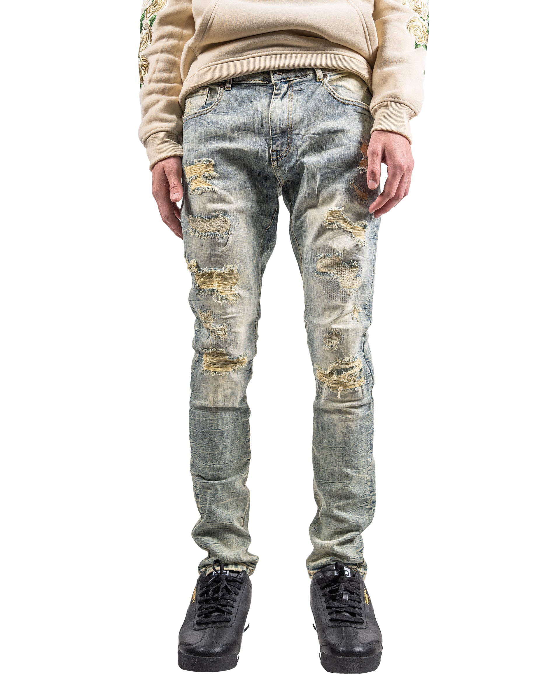 Aged Two-Tone Skinny Jeans in Vintage Blue