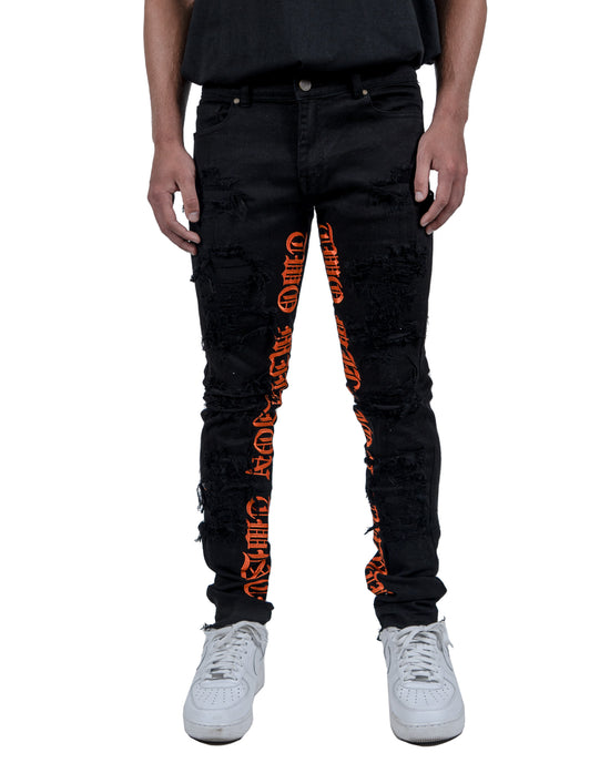 BOSWORTH | Script Embroidered Skinny Denim Jeans in Black