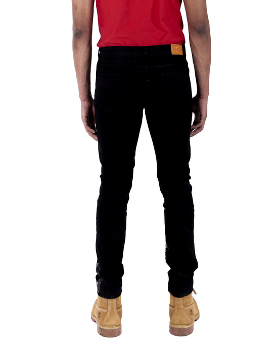 DAMEN | Men's Slim Fit Denim Pants Rip & Repair 3D Knee Detail with Splatter Paint in Jet Black