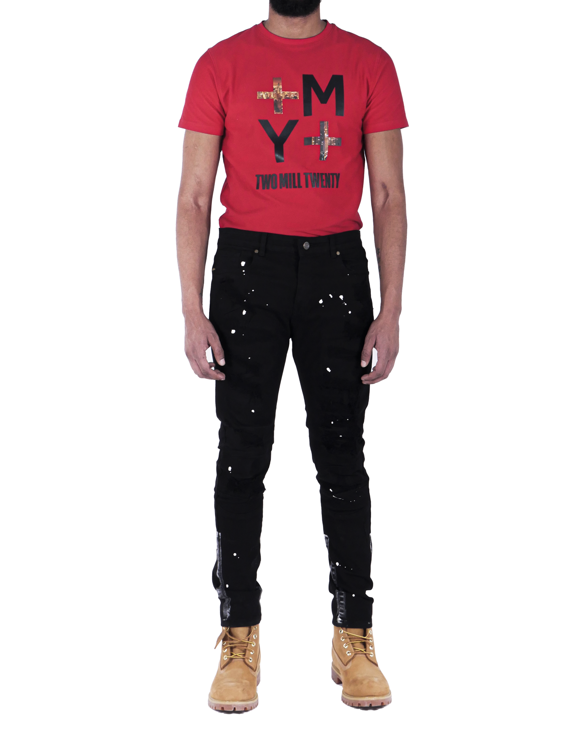 DAMEN | Men's Slim Fit Denim Pants Rip & Repair 3D Knee Detail with Splatter Paint in Jet Black