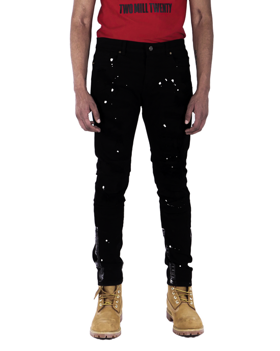 DAMEN | Men's Slim Fit Denim Pants Rip & Repair 3D Knee Detail with Splatter Paint in Jet Black