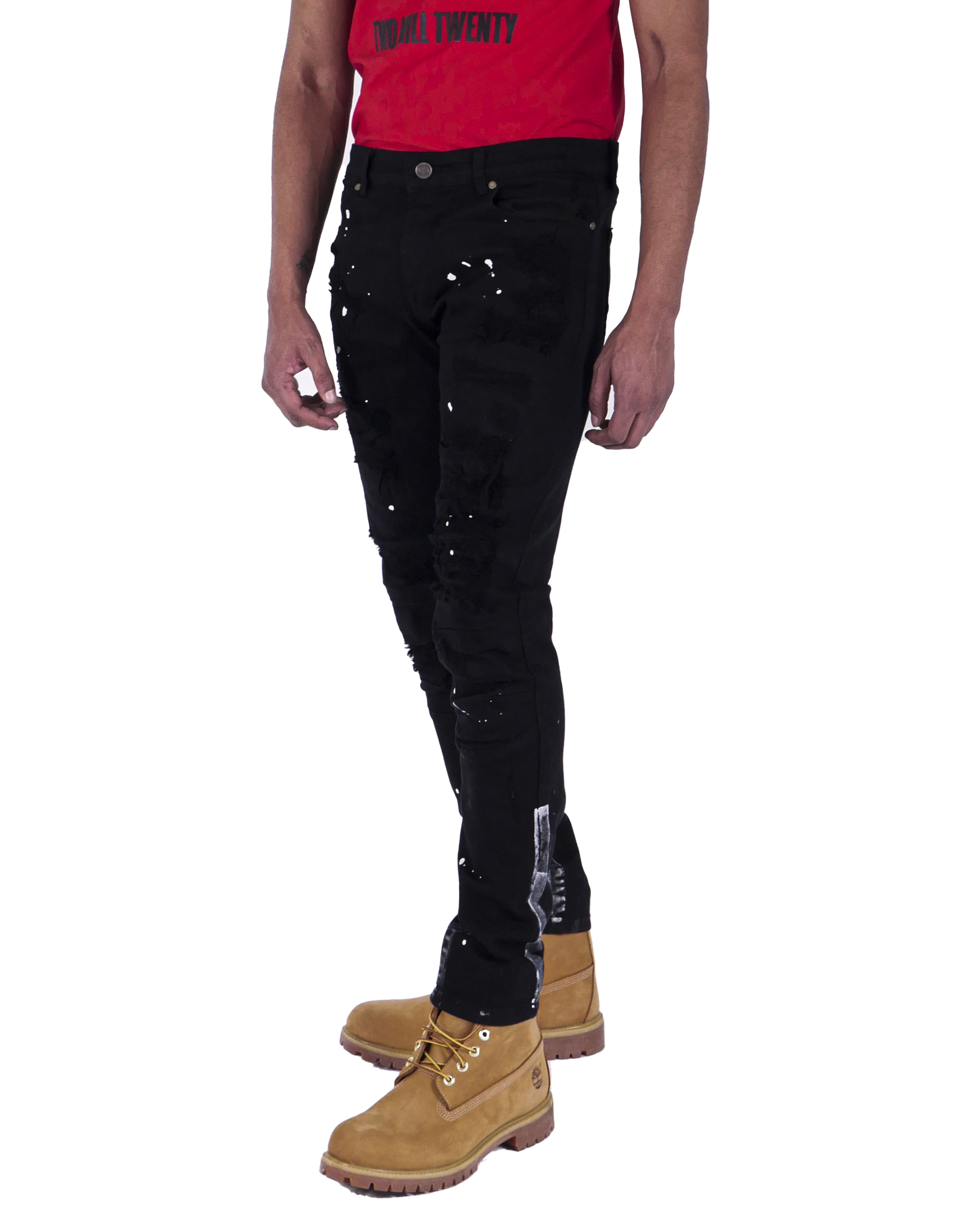 DAMEN | Men's Slim Fit Denim Pants Rip & Repair 3D Knee Detail with Splatter Paint in Jet Black