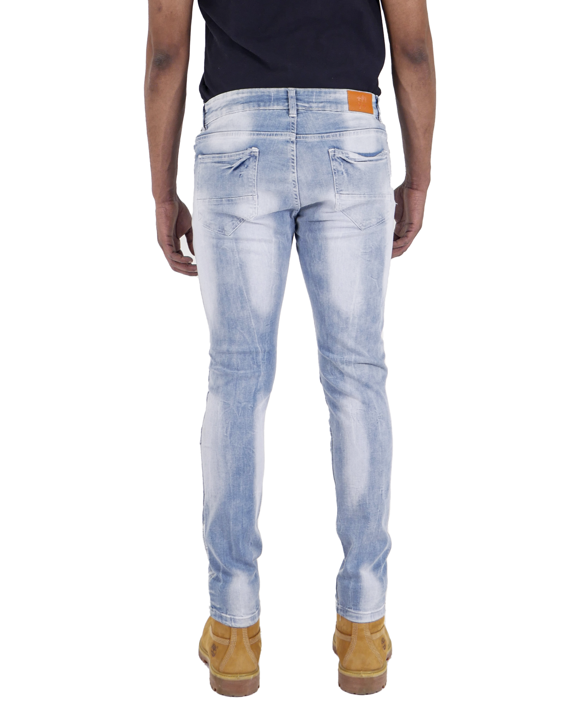 HALSTED | Men's Slim Fit Denim Pants Rip & Repair 3D Knee Detail with Splatter Paint in Light Wash