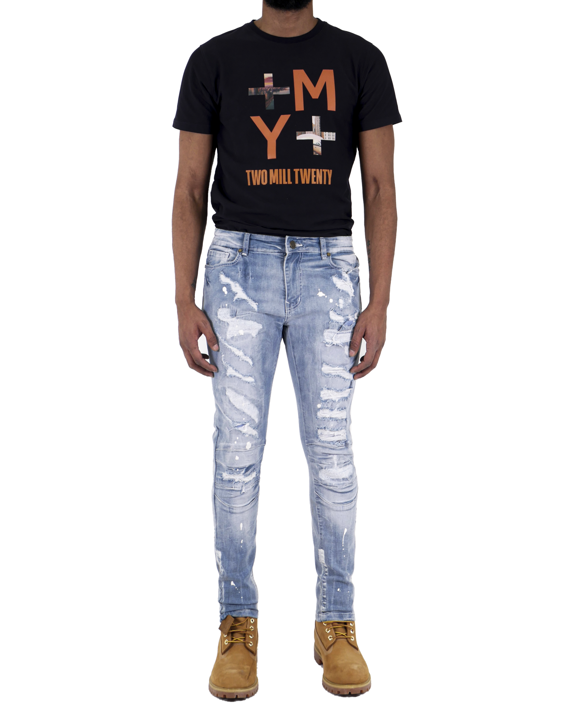 HALSTED | Men's Slim Fit Denim Pants Rip & Repair 3D Knee Detail with Splatter Paint in Light Wash
