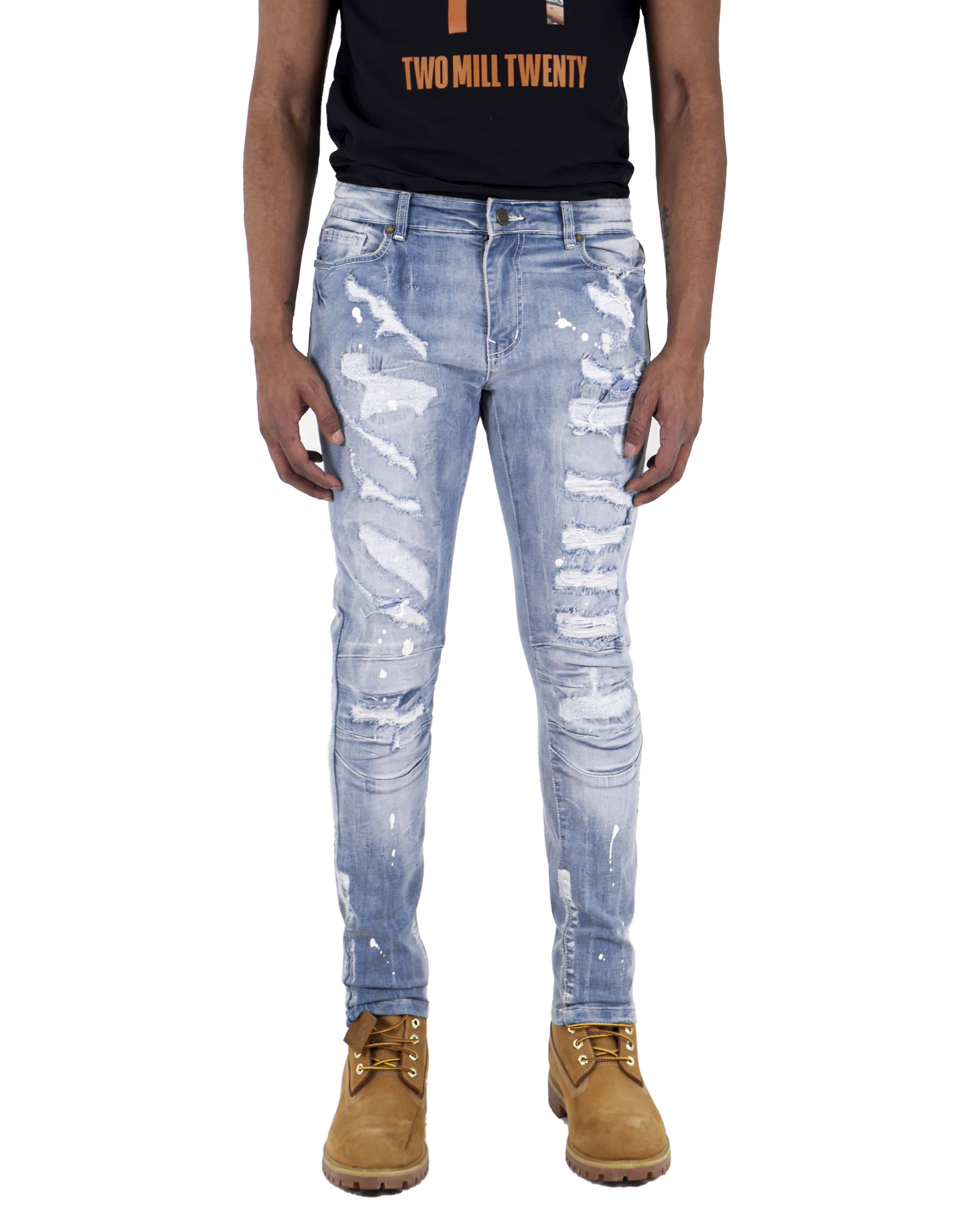 HALSTED | Men's Slim Fit Denim Pants Rip & Repair 3D Knee Detail with Splatter Paint in Light Wash