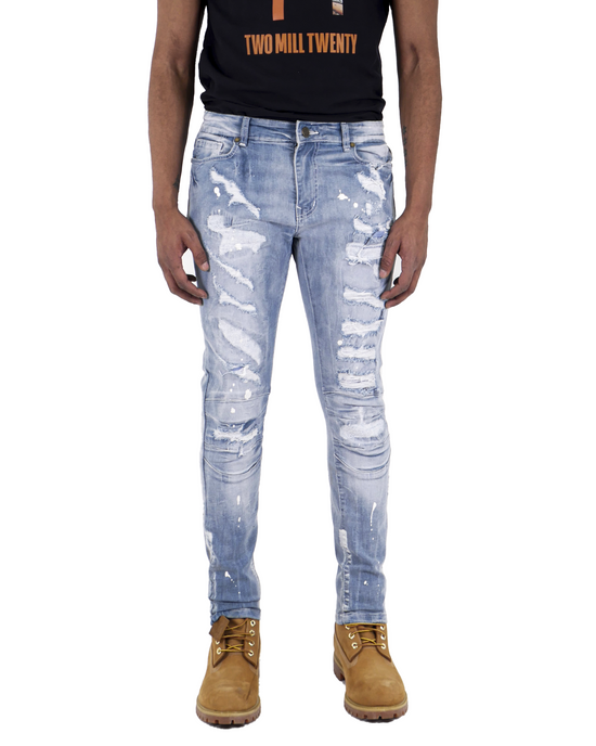 HALSTED | Men's Slim Fit Denim Pants Rip & Repair 3D Knee Detail with Splatter Paint in Light Wash