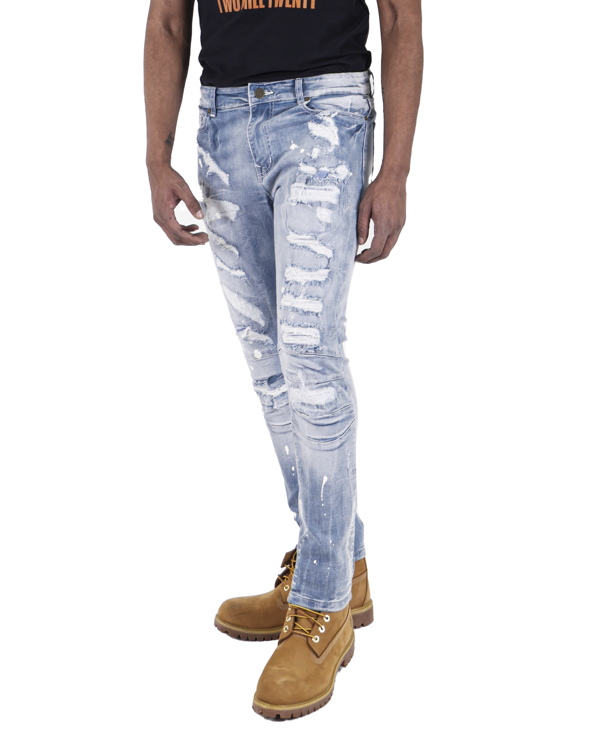 HALSTED | Men's Slim Fit Denim Pants Rip & Repair 3D Knee Detail with Splatter Paint in Light Wash