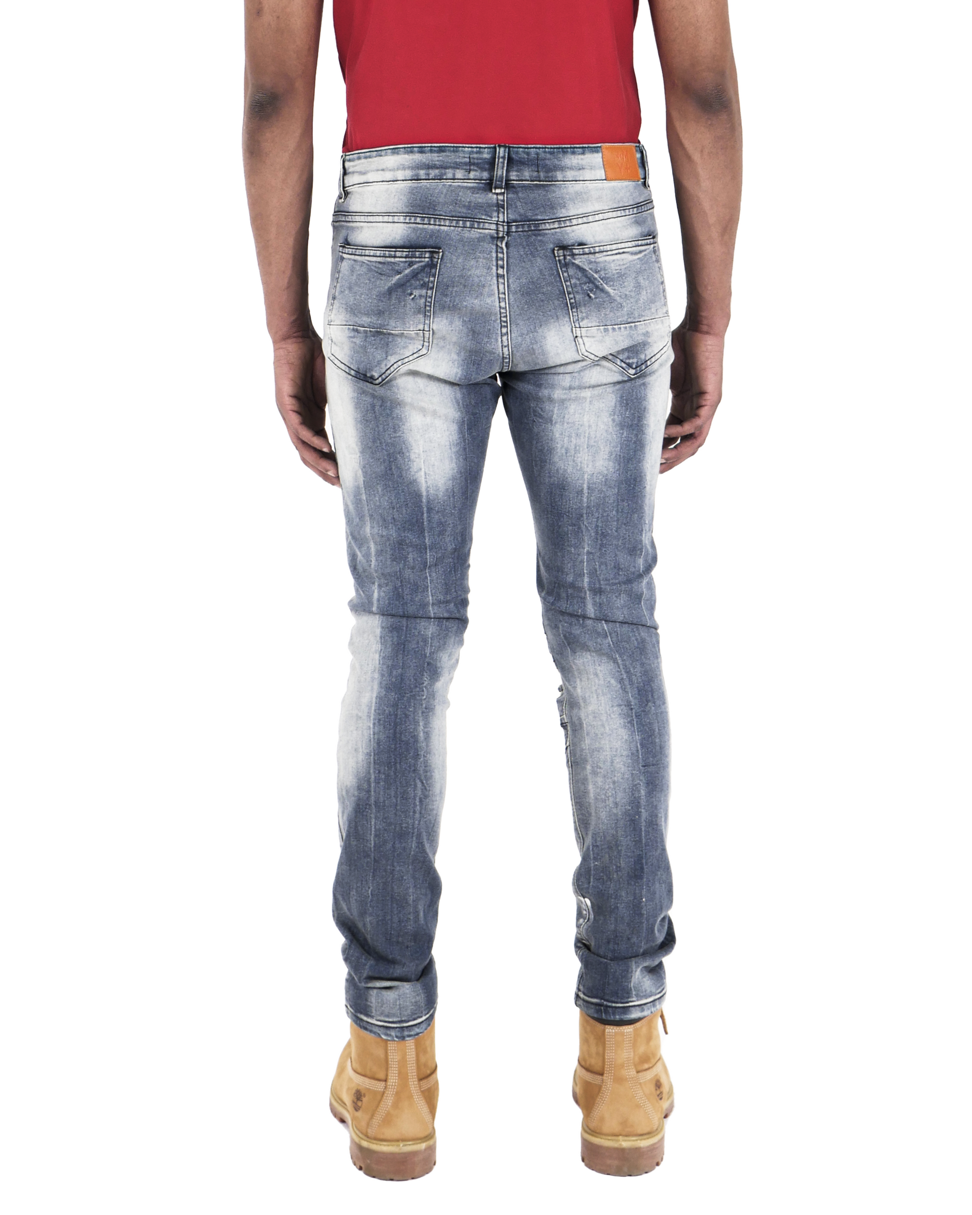 DIVISION | Men's Slim Fit Denim Pants Rip & Repair 3D Knee Detail with Splatter Paint in Vintage Dark Wash