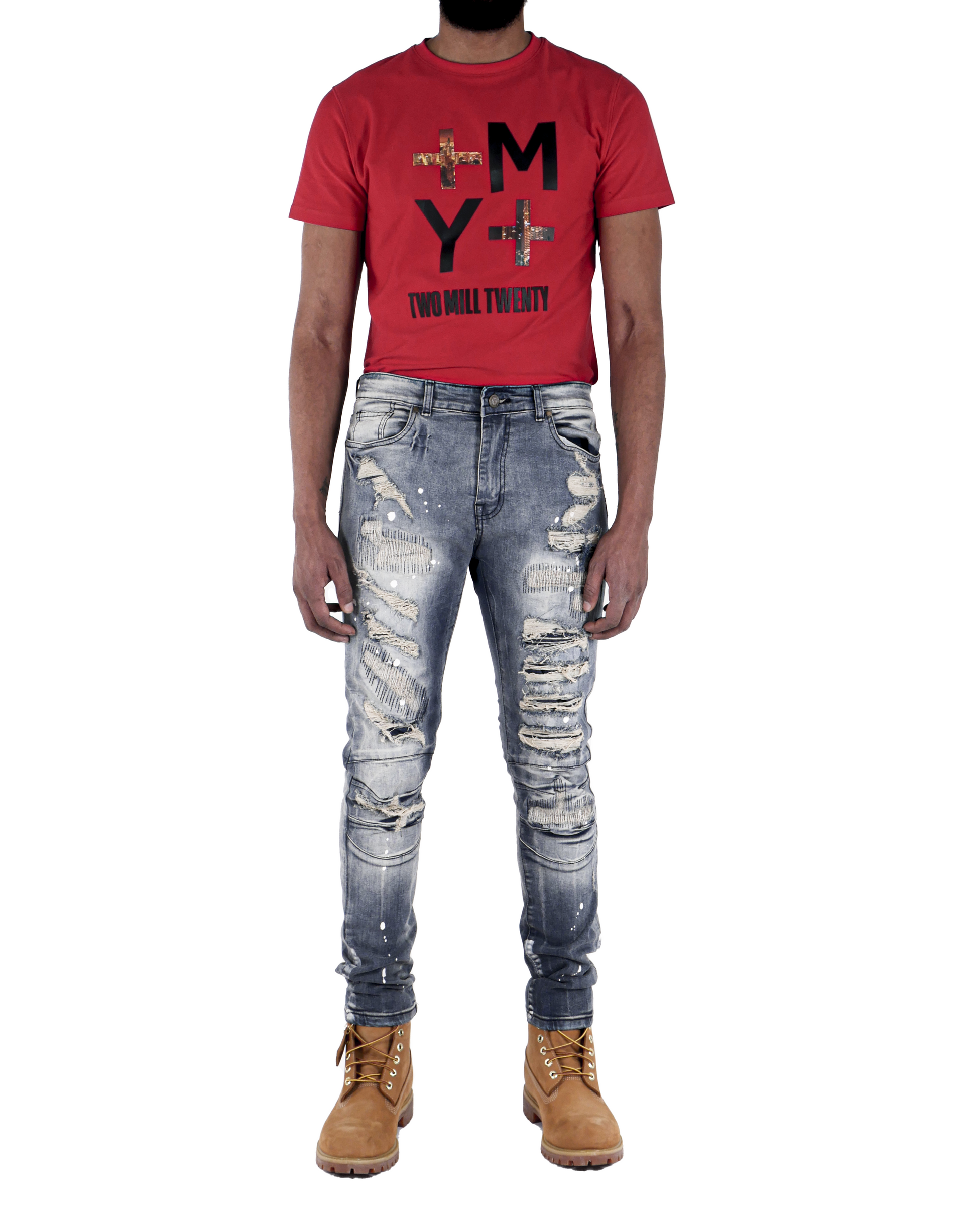 DIVISION | Men's Slim Fit Denim Pants Rip & Repair 3D Knee Detail with Splatter Paint in Vintage Dark Wash