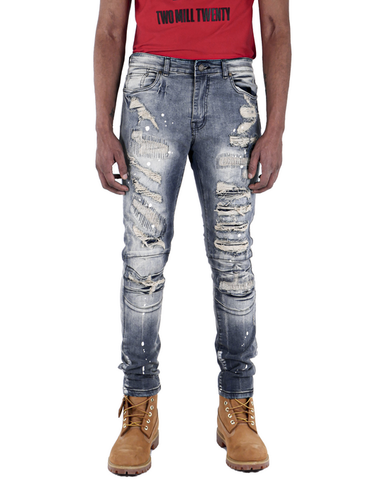 DIVISION | Men's Slim Fit Denim Pants Rip & Repair 3D Knee Detail with Splatter Paint in Vintage Dark Wash