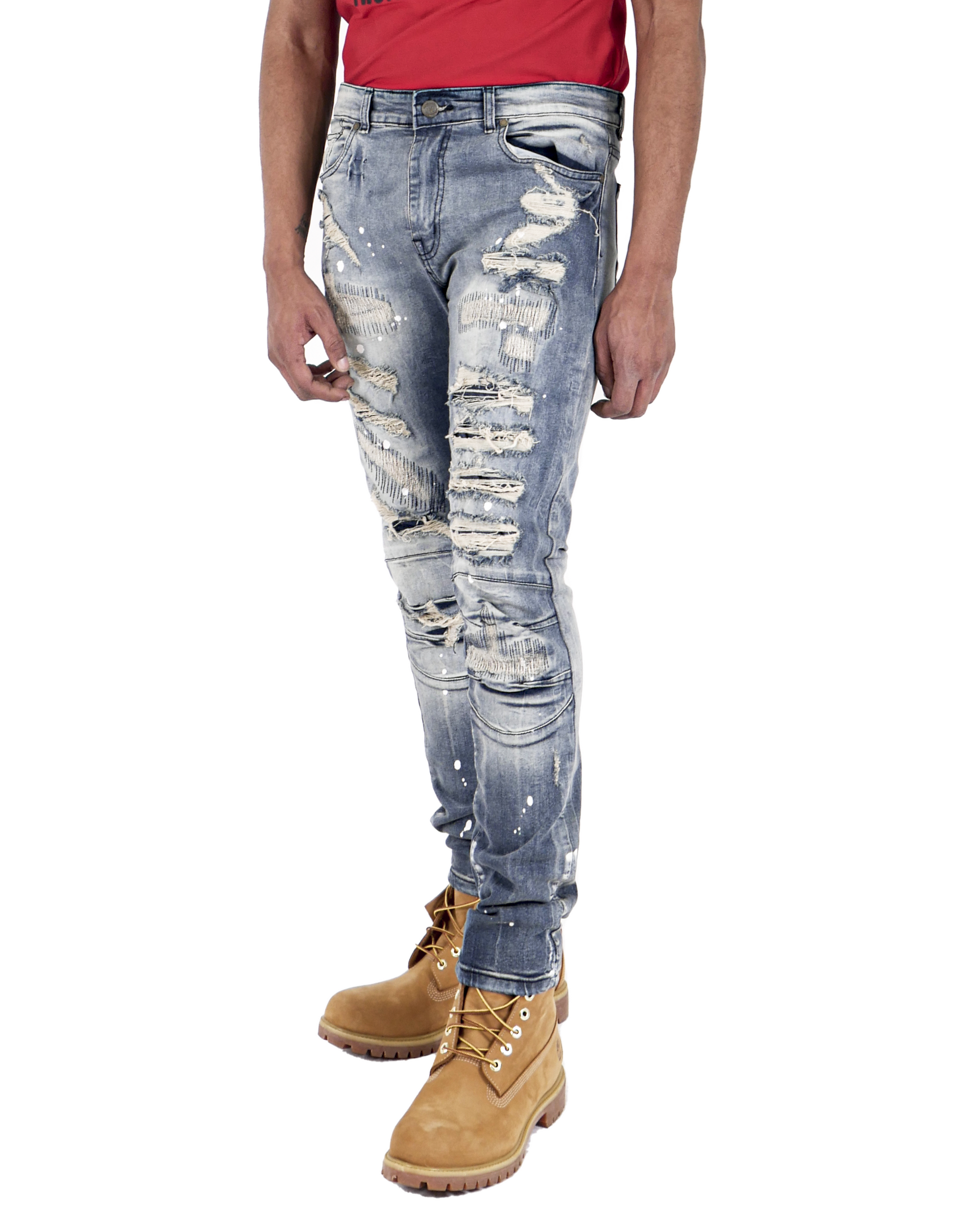 DIVISION | Men's Slim Fit Denim Pants Rip & Repair 3D Knee Detail with Splatter Paint in Vintage Dark Wash