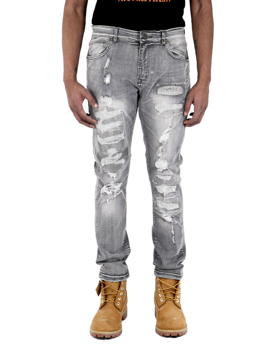 LAWRENCE | Men's Slim Fit Denim Pants Rip & Repair in Light Grey