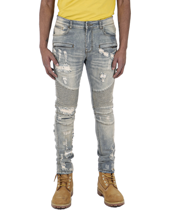 WILSON | Men's Slim Fit Biker Denim Pants in Vintage Wash