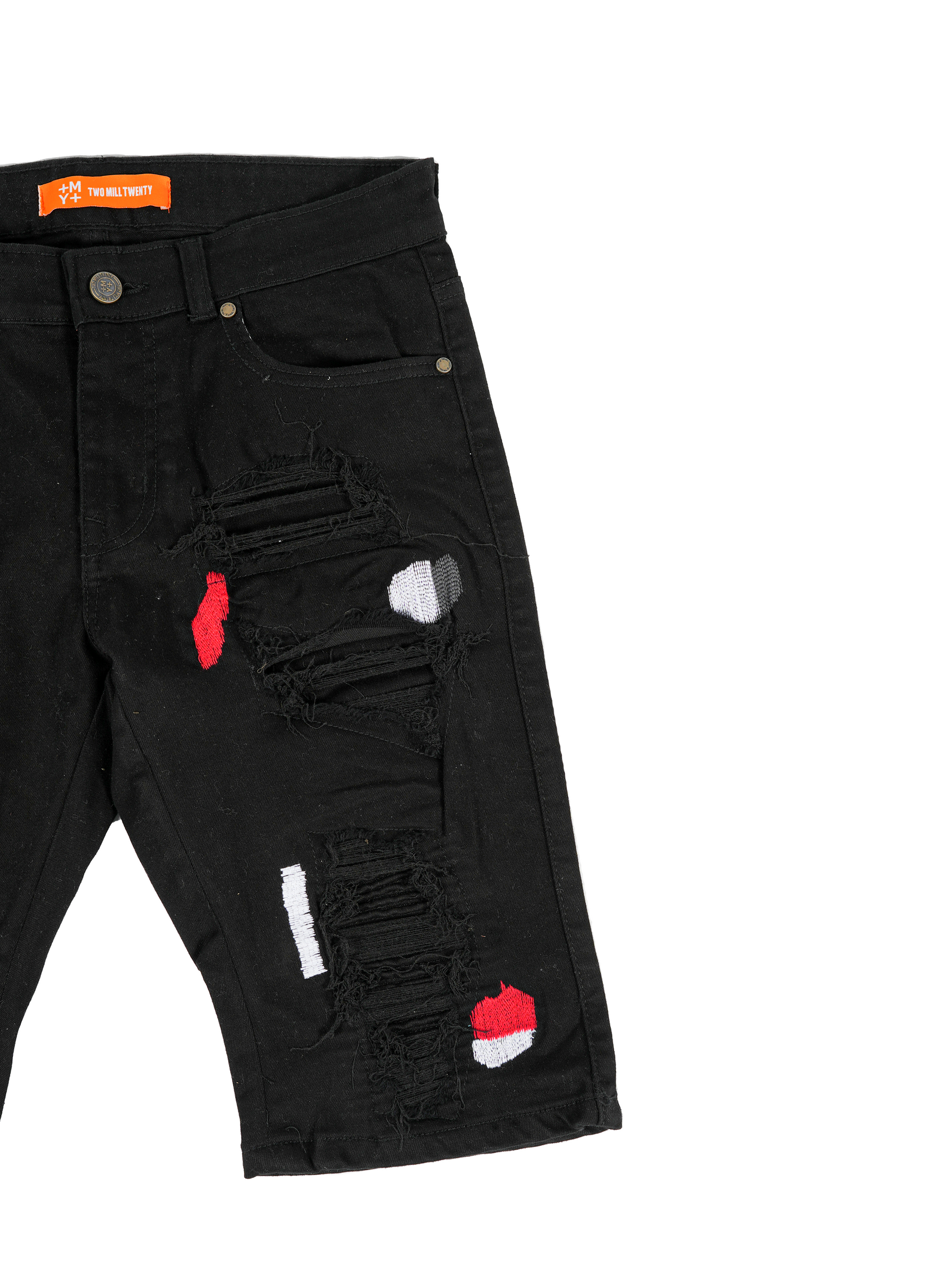 JACKSON | Men's Slim Fit Cutoff Knee Length Destroyed Ripped Patched Distressed Denim Jean Shorts in Vintage Black