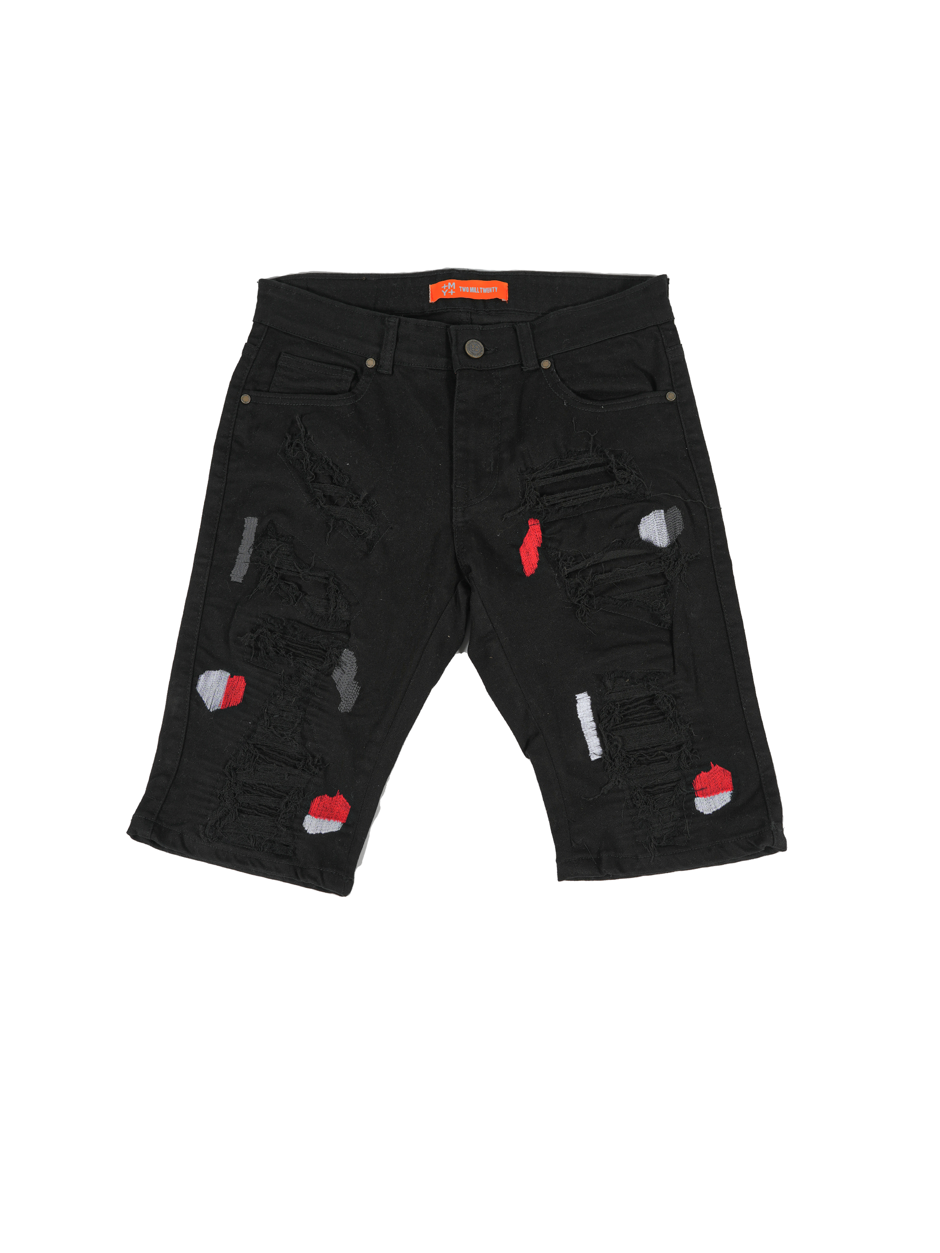 JACKSON | Men's Slim Fit Cutoff Knee Length Destroyed Ripped Patched Distressed Denim Jean Shorts in Vintage Black