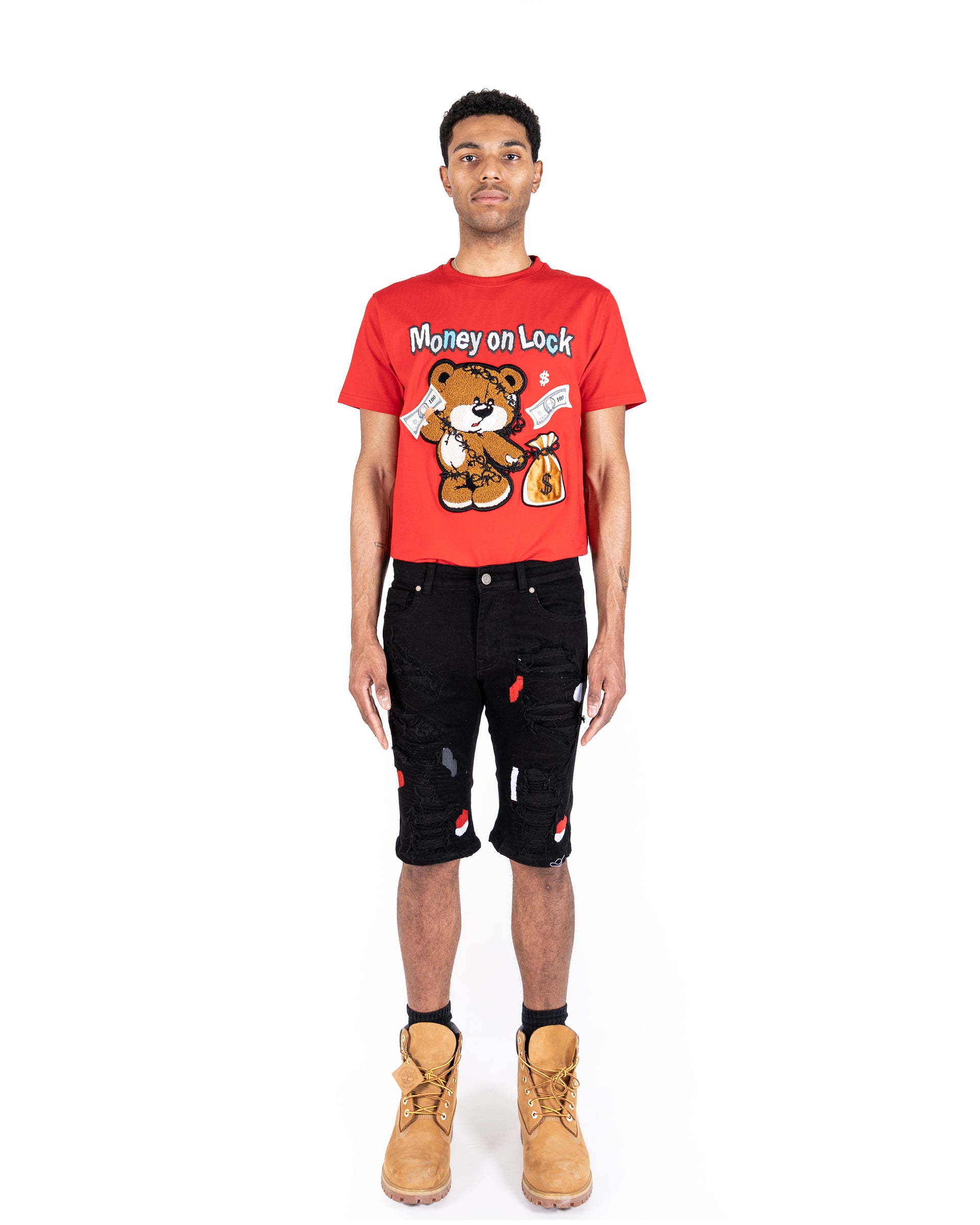JACKSON | Men's Slim Fit Cutoff Knee Length Destroyed Ripped Patched Distressed Denim Jean Shorts in Vintage Black