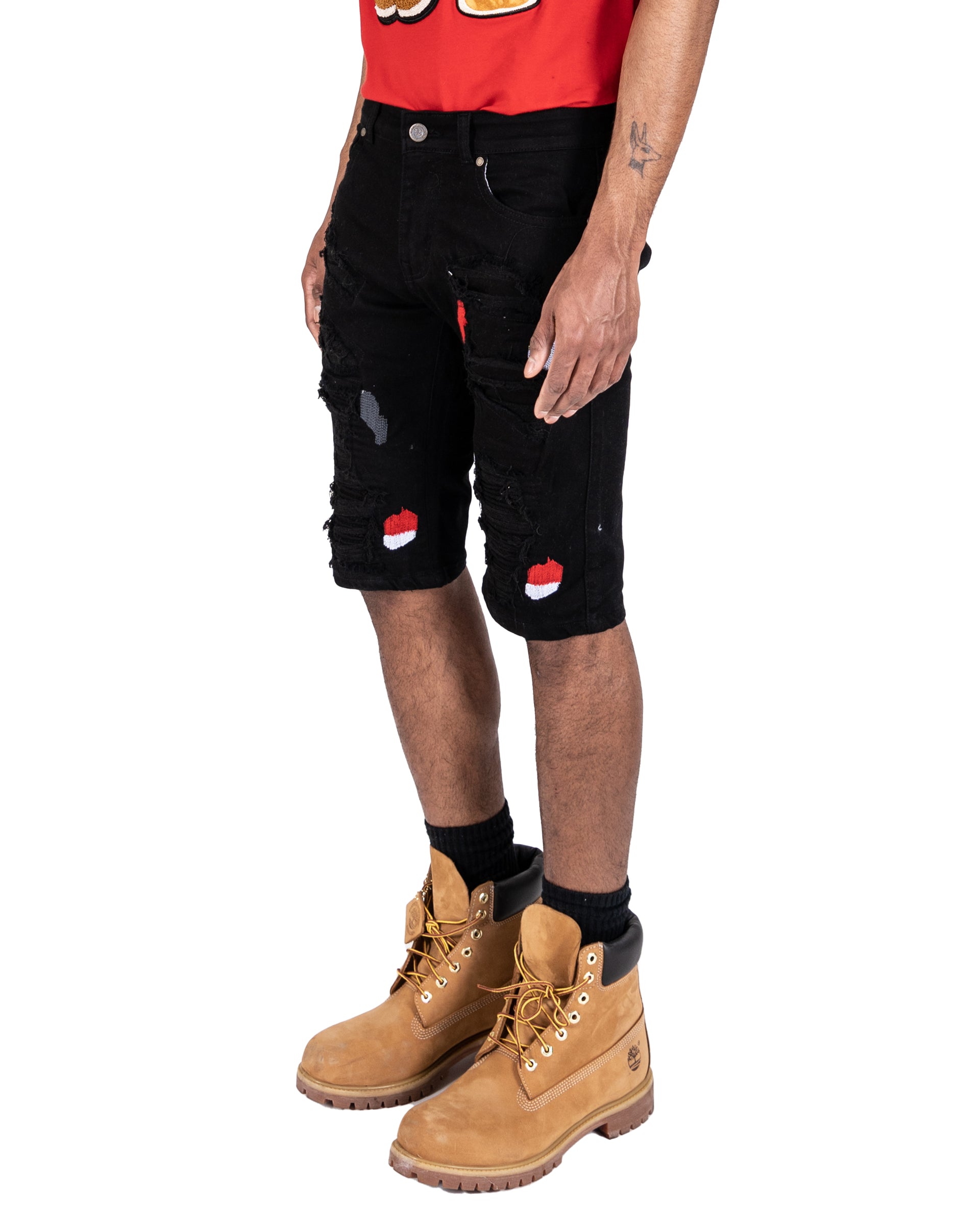 JACKSON | Men's Slim Fit Cutoff Knee Length Destroyed Ripped Patched Distressed Denim Jean Shorts in Vintage Black