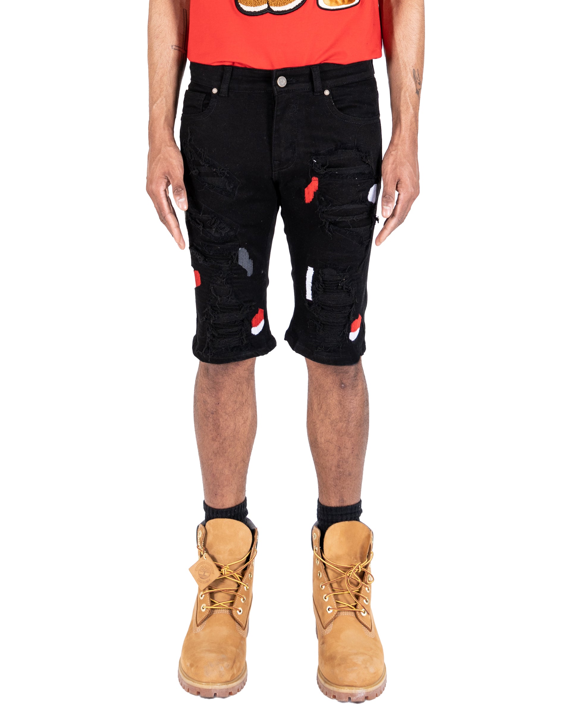 JACKSON | Men's Slim Fit Cutoff Knee Length Destroyed Ripped Patched Distressed Denim Jean Shorts in Vintage Black