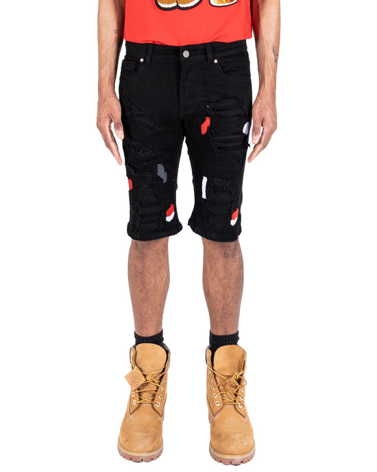 JACKSON | Men's Slim Fit Cutoff Knee Length Destroyed Ripped Patched Distressed Denim Jean Shorts in Vintage Black