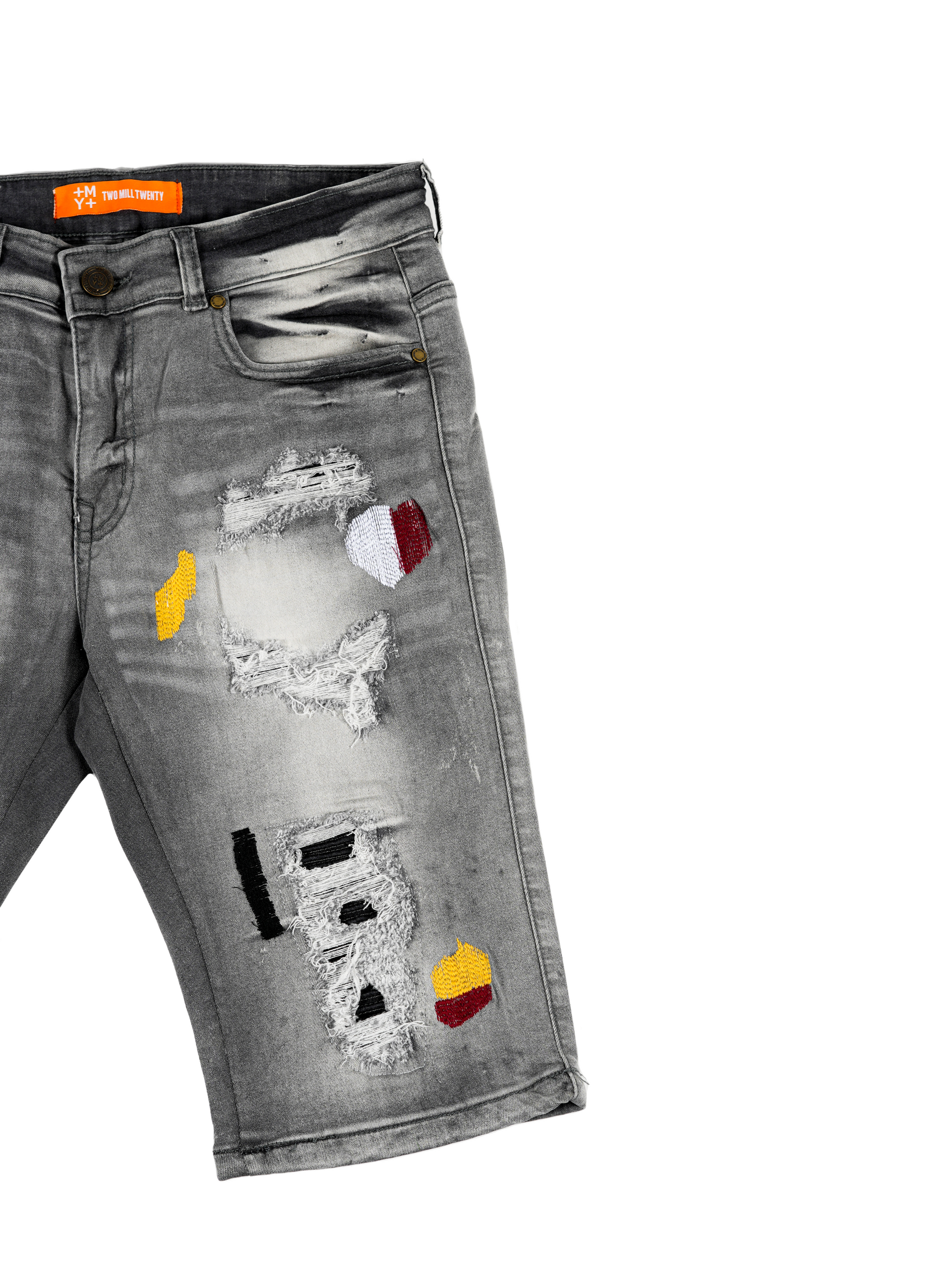 SUPERIOR | Men's Slim Fit Cutoff Knee Length Destroyed Ripped Patched Distressed Denim Jean Shorts in Grey Stone