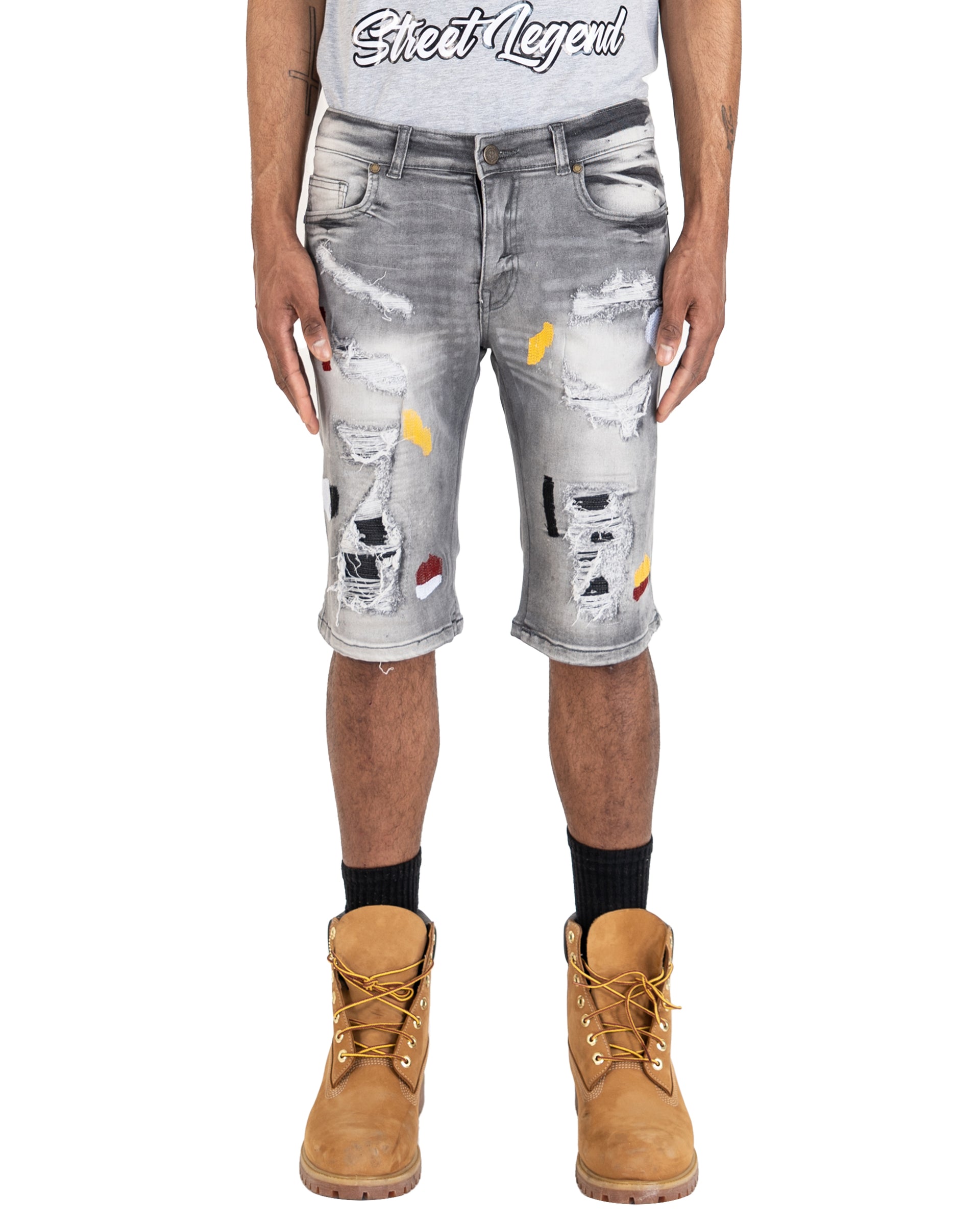 SUPERIOR | Men's Slim Fit Cutoff Knee Length Destroyed Ripped Patched Distressed Denim Jean Shorts in Grey Stone