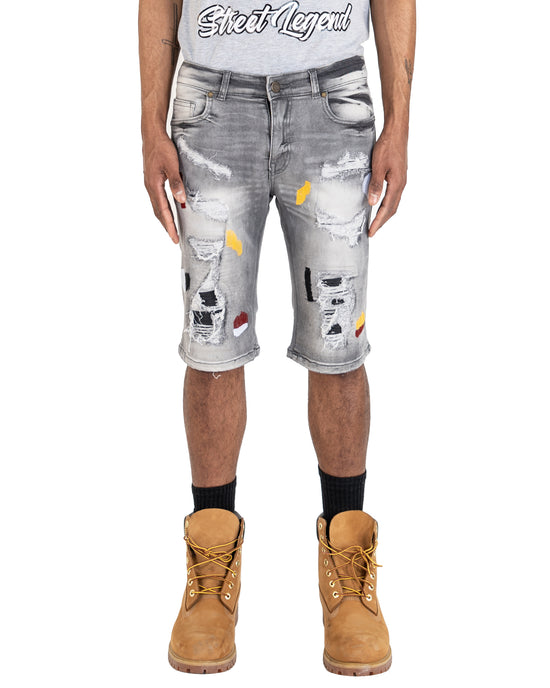 SUPERIOR | Men's Slim Fit Cutoff Knee Length Destroyed Ripped Patched Distressed Denim Jean Shorts in Grey Stone