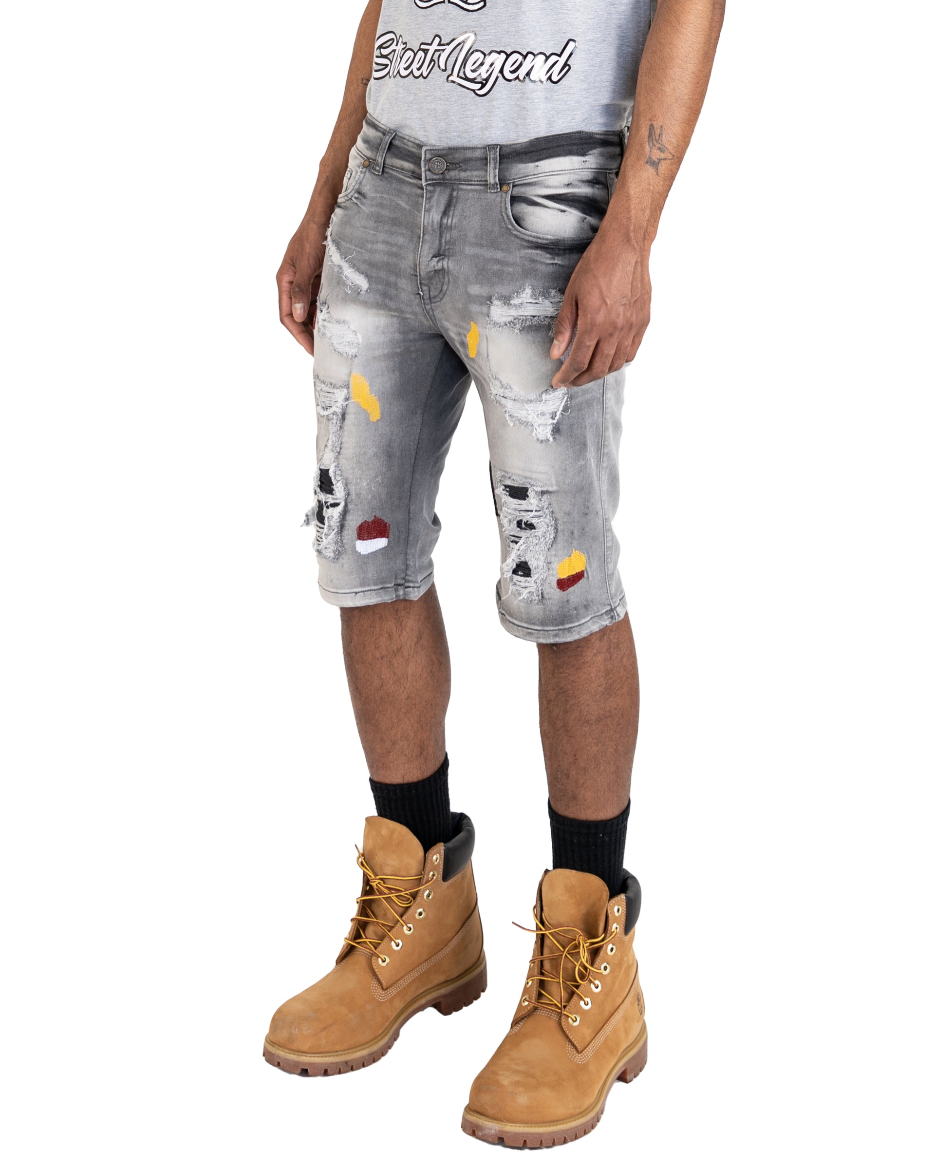 SUPERIOR | Men's Slim Fit Cutoff Knee Length Destroyed Ripped Patched Distressed Denim Jean Shorts in Grey Stone