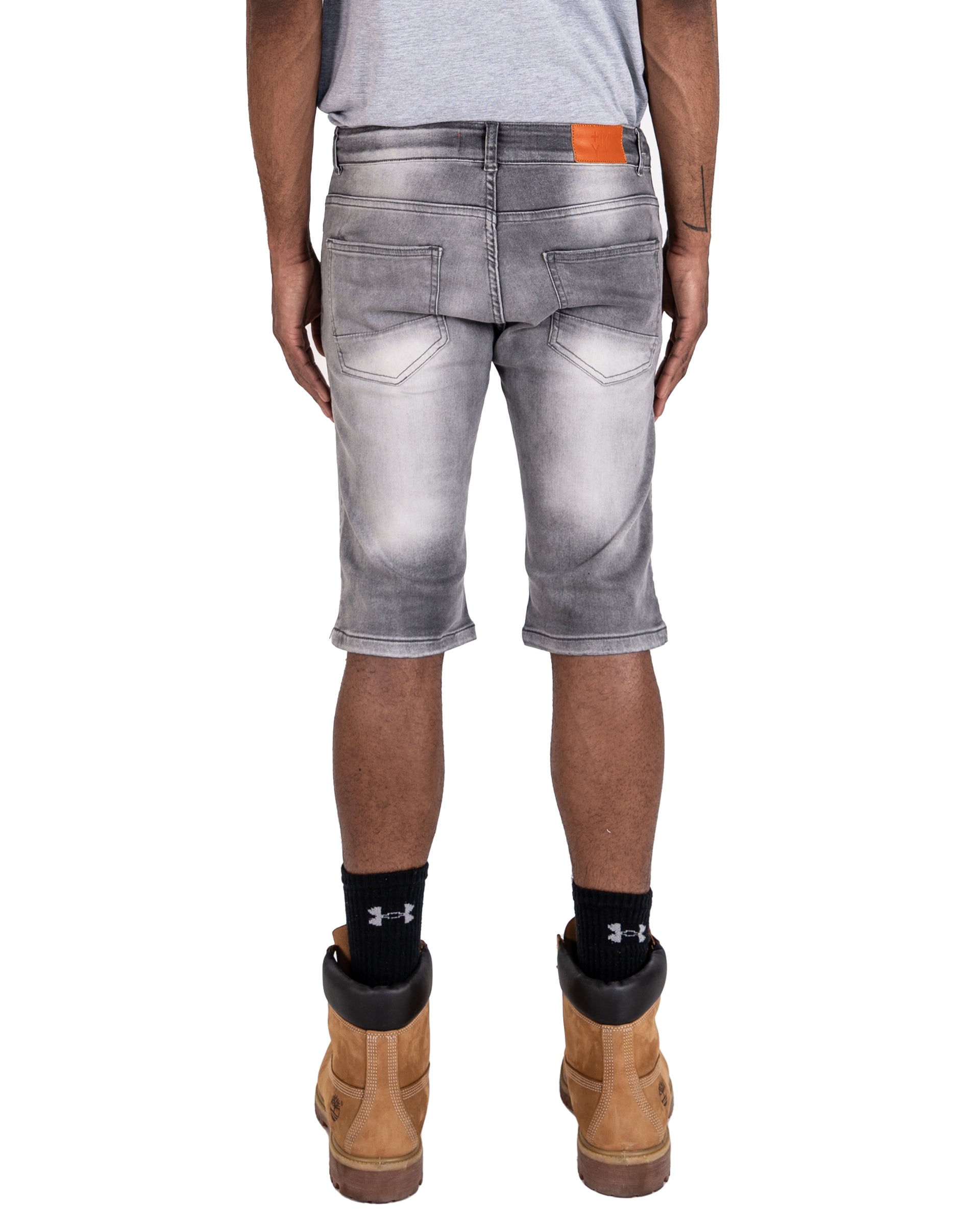SUPERIOR | Men's Slim Fit Cutoff Knee Length Destroyed Ripped Patched Distressed Denim Jean Shorts in Grey Stone