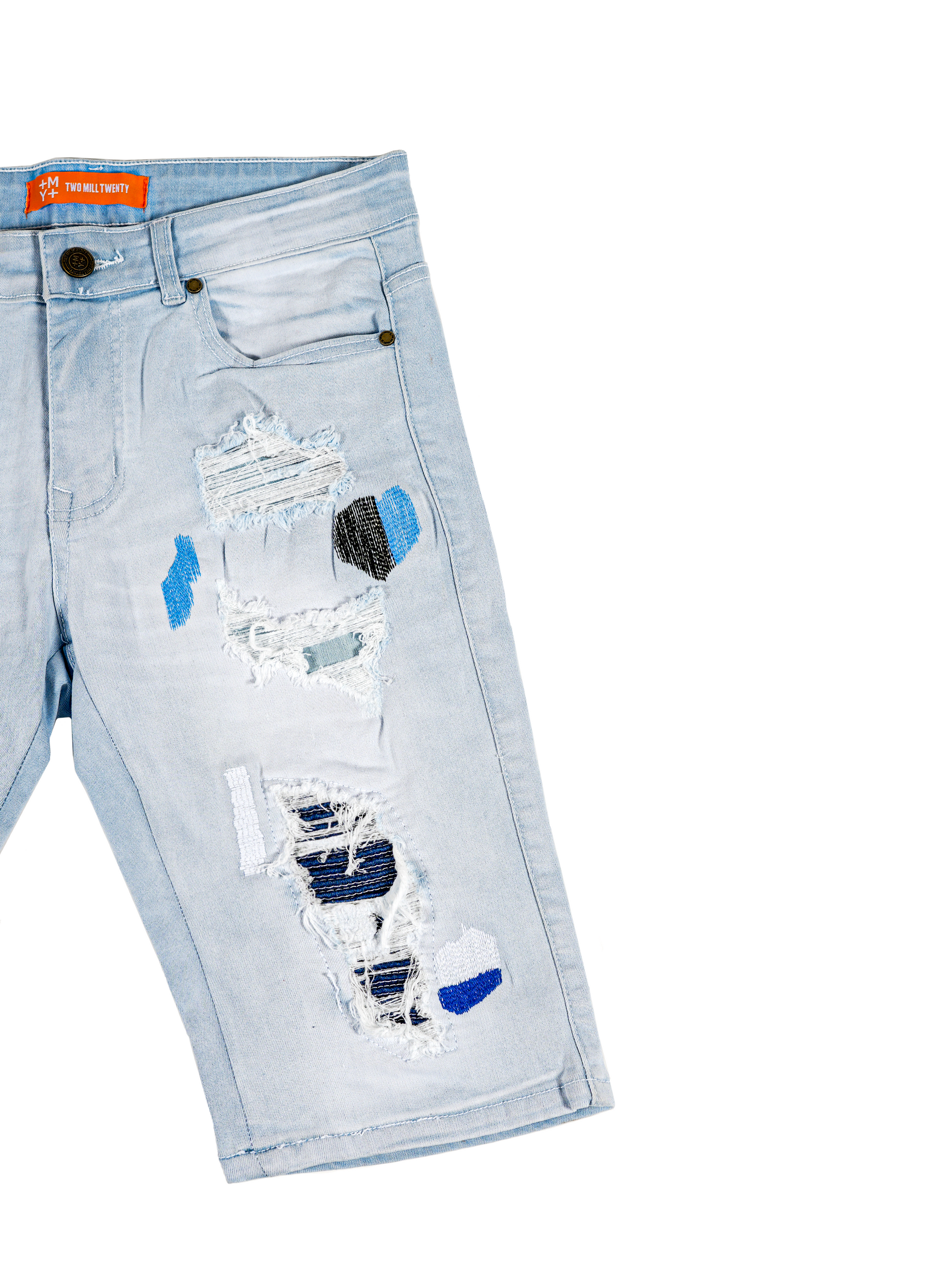 KINZIE | Men's Slim Fit Cutoff Knee Length Destroyed Ripped Patched Distressed Denim Jean Shorts in Light Blue Wash