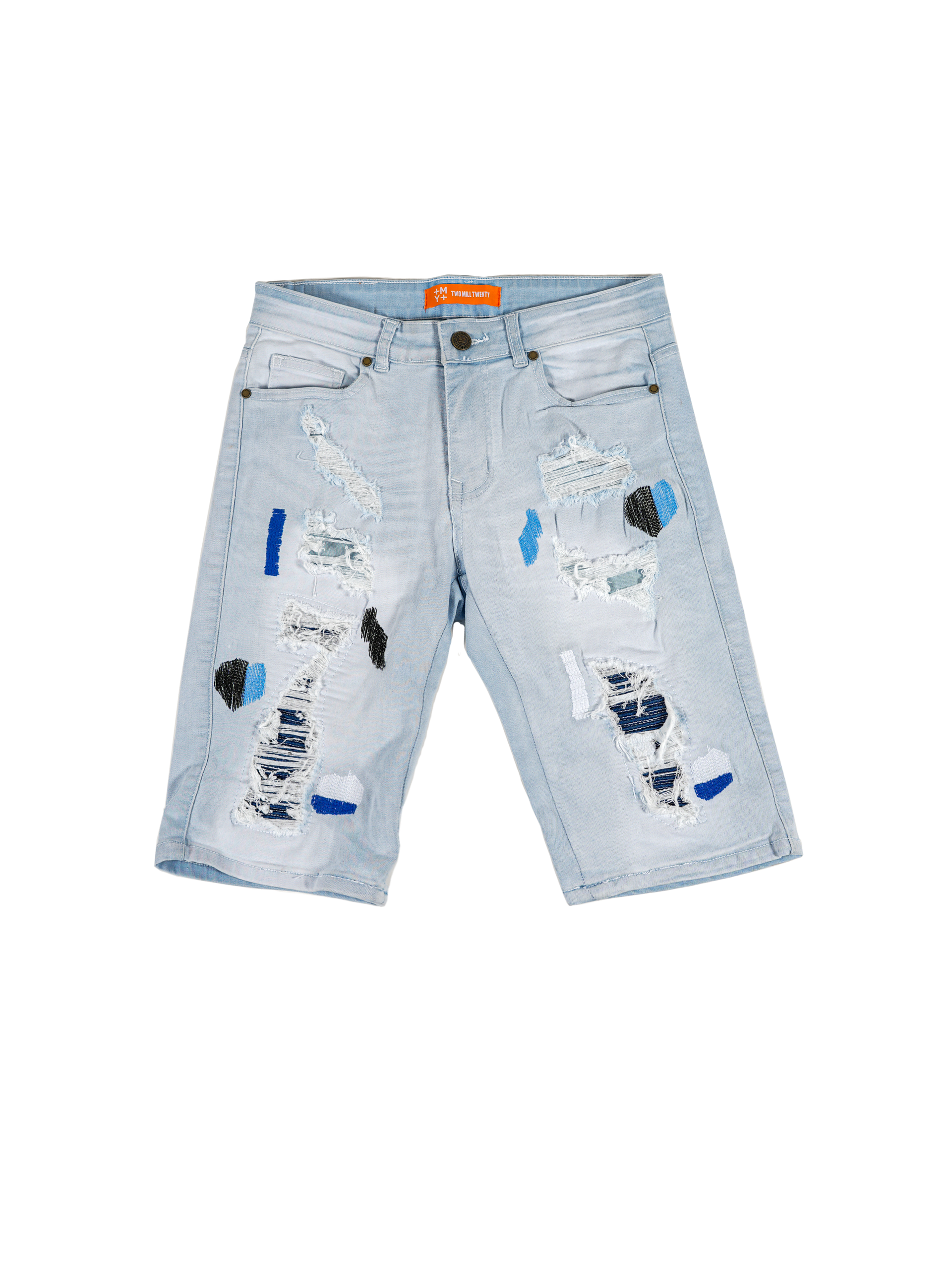 KINZIE | Men's Slim Fit Cutoff Knee Length Destroyed Ripped Patched Distressed Denim Jean Shorts in Light Blue Wash