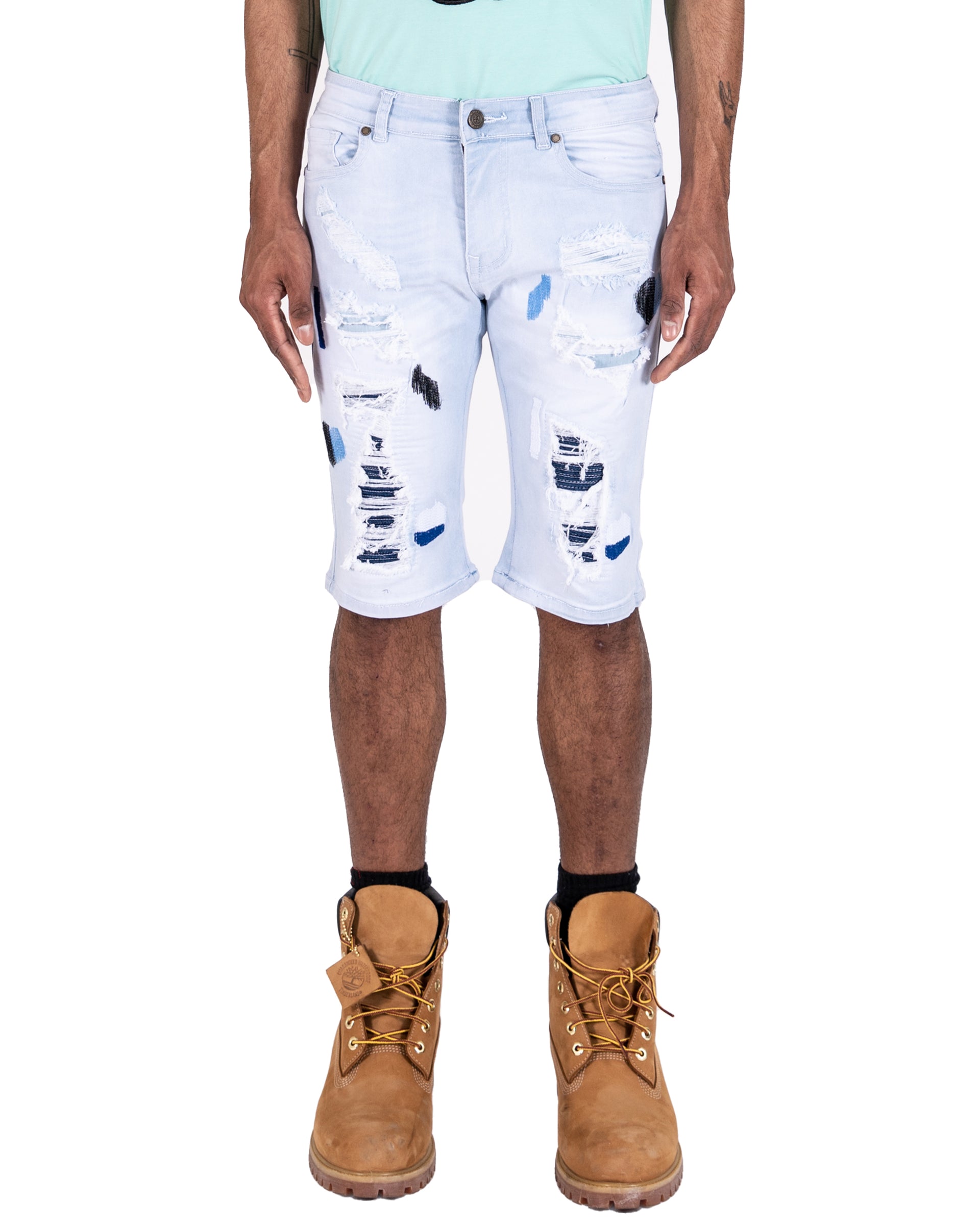 KINZIE | Men's Slim Fit Cutoff Knee Length Destroyed Ripped Patched Distressed Denim Jean Shorts in Light Blue Wash