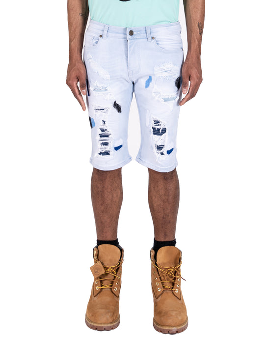 KINZIE | Men's Slim Fit Cutoff Knee Length Destroyed Ripped Patched Distressed Denim Jean Shorts in Light Blue Wash