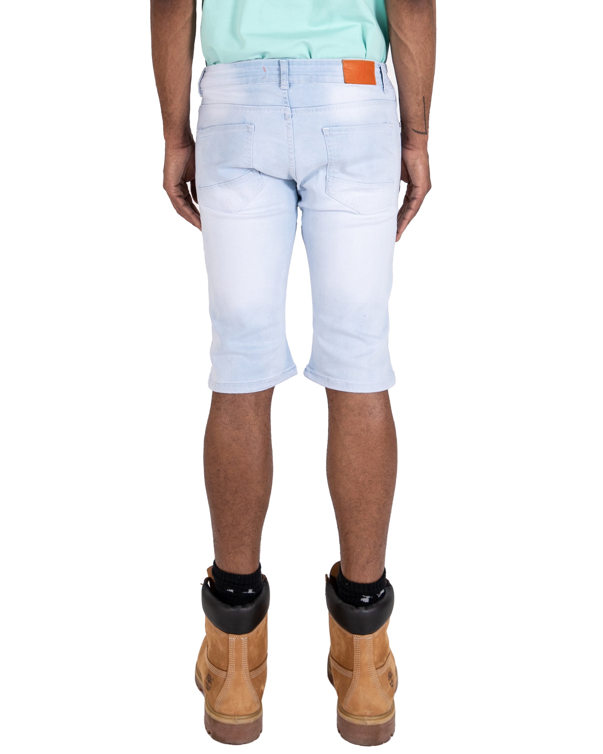 KINZIE | Men's Slim Fit Cutoff Knee Length Destroyed Ripped Patched Distressed Denim Jean Shorts in Light Blue Wash