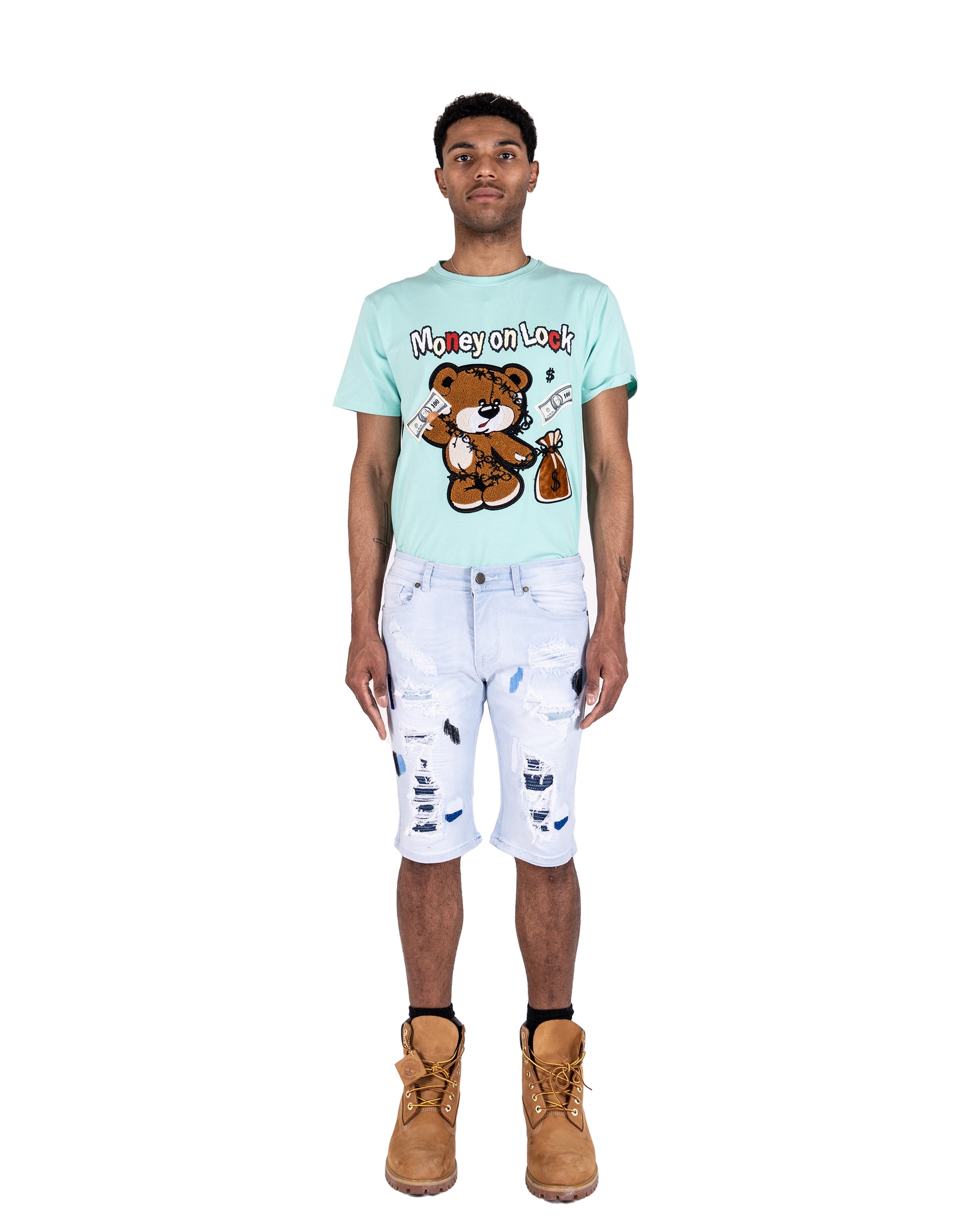 KINZIE | Men's Slim Fit Cutoff Knee Length Destroyed Ripped Patched Distressed Denim Jean Shorts in Light Blue Wash